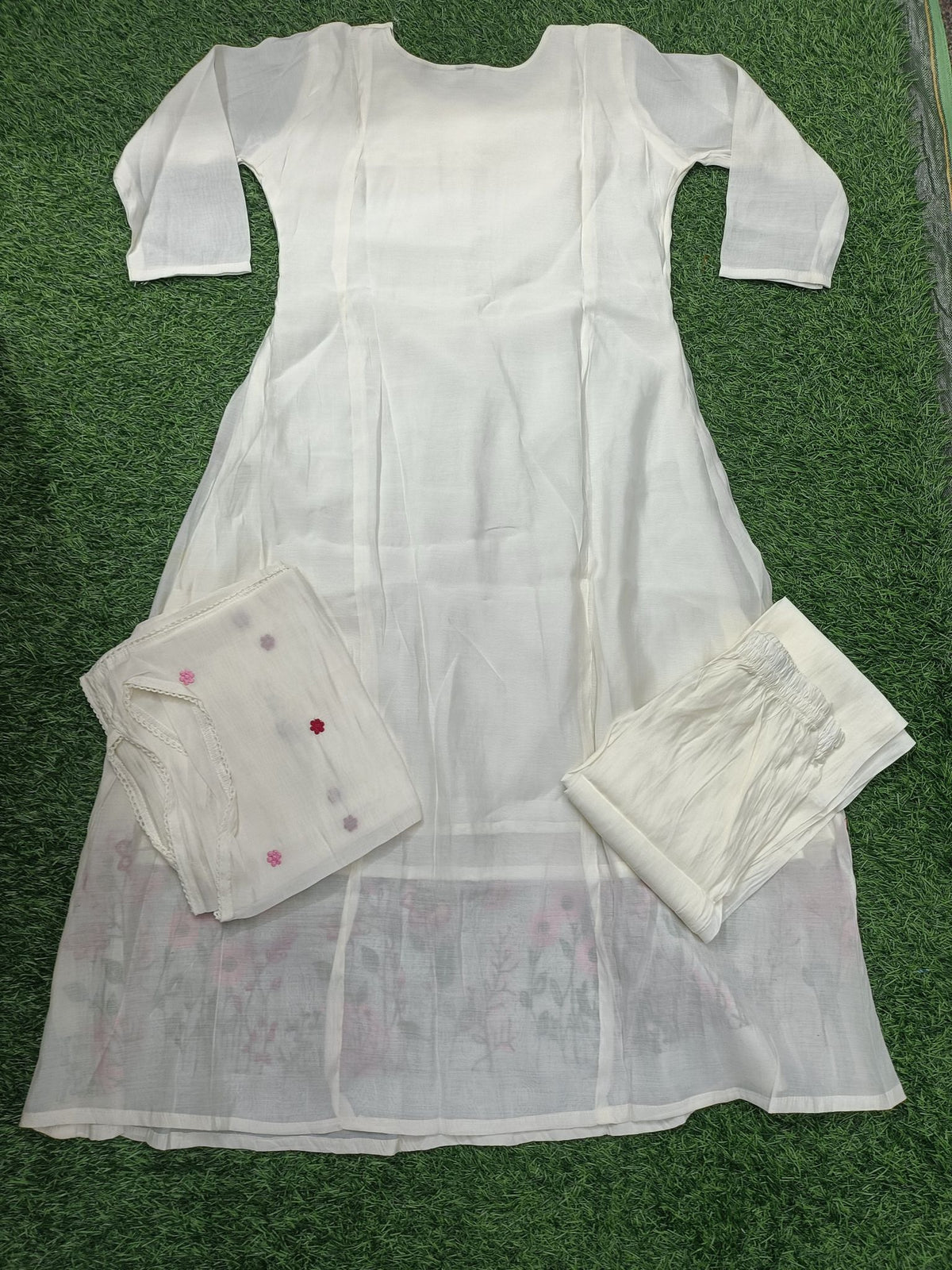 Elegant Light Grey Pleated and Embroidered Light Grey / Silver Grey with Pink and Green Floral Accents 3-Piece Silk Kurti Set