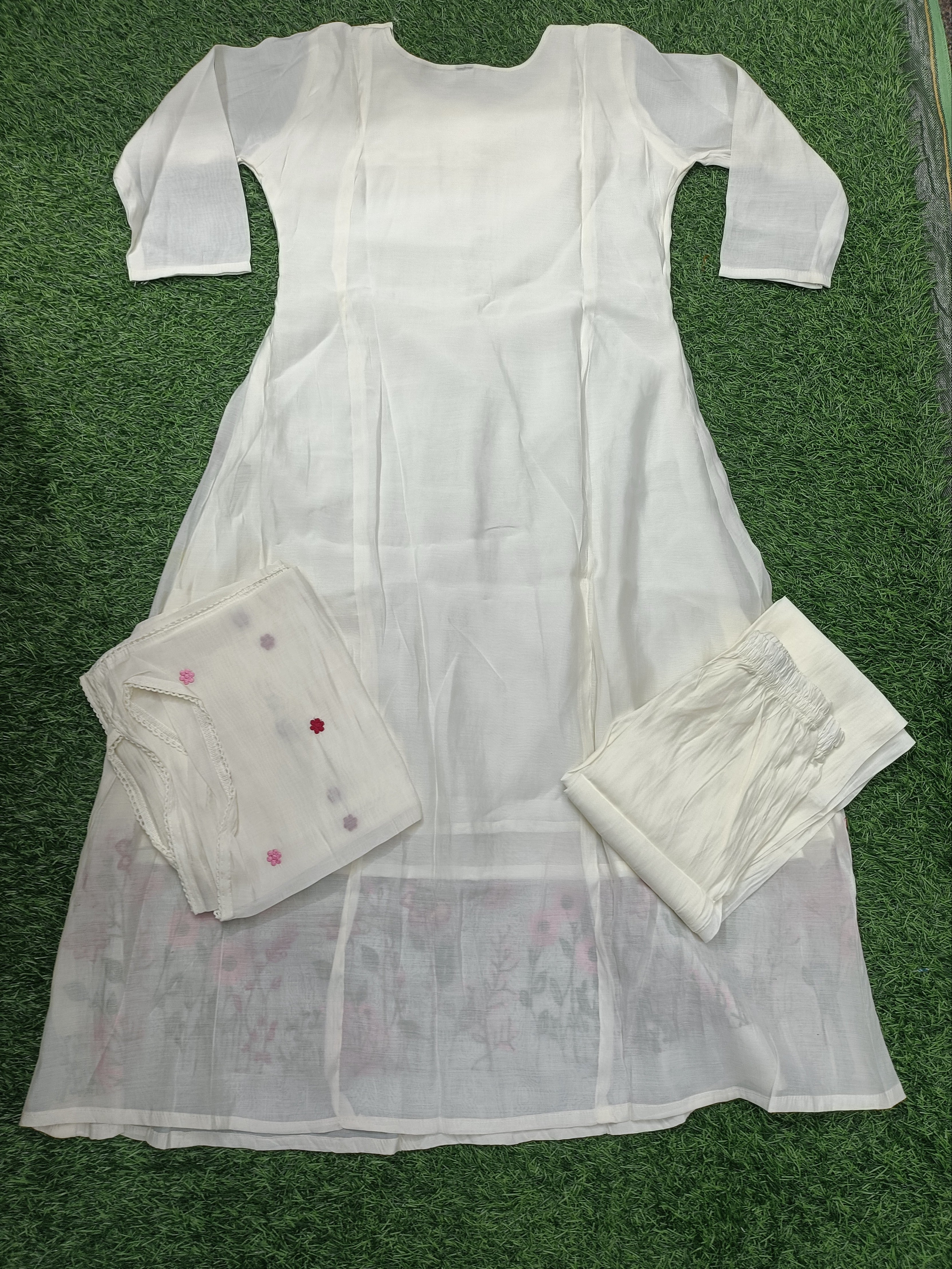 Elegant Light Grey Pleated and Embroidered Light Grey / Silver Grey with Pink and Green Floral Accents 3-Piece Silk Kurti Set
