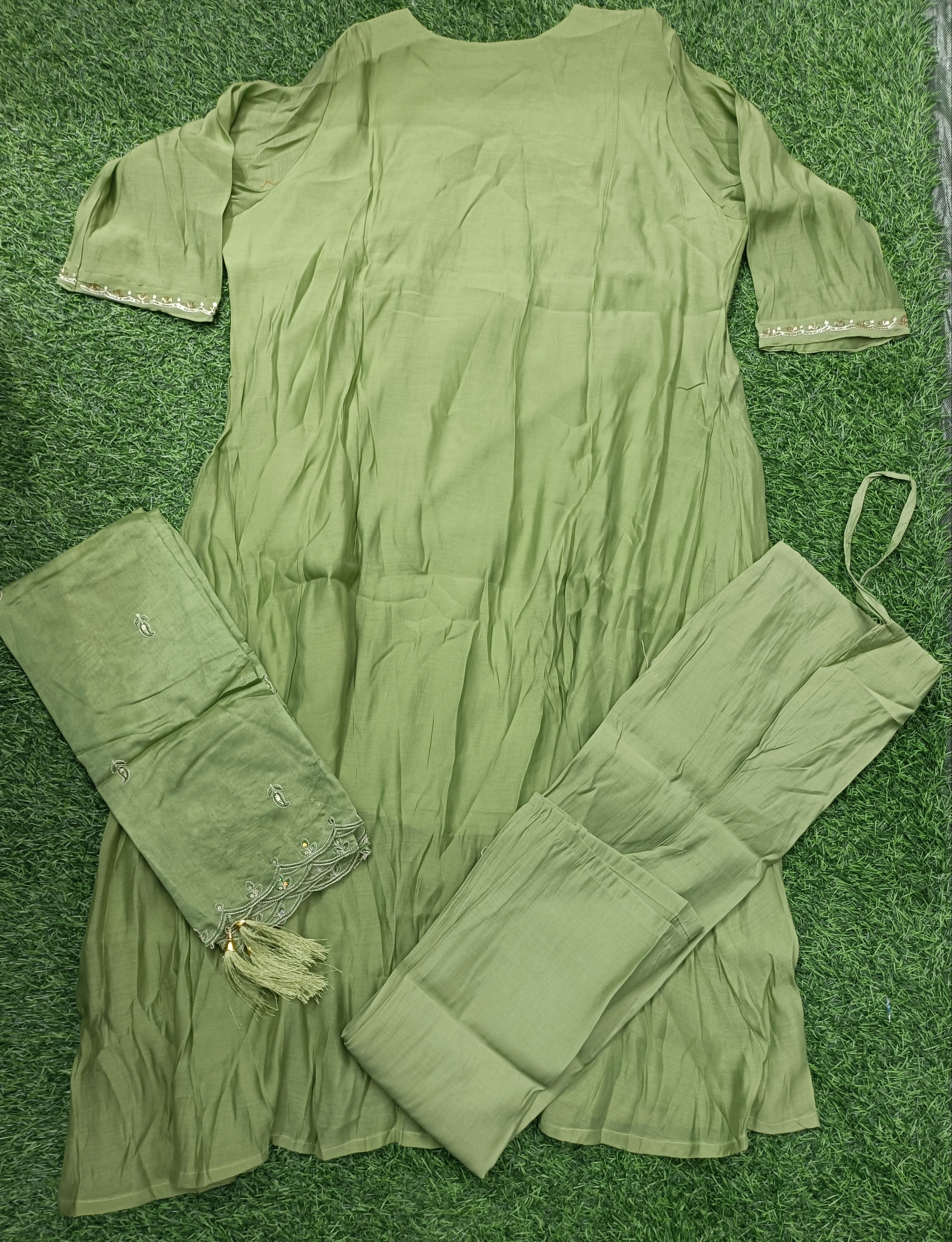 Elegant Olive Green Embroidered Rayon 3-Piece Kurti Set