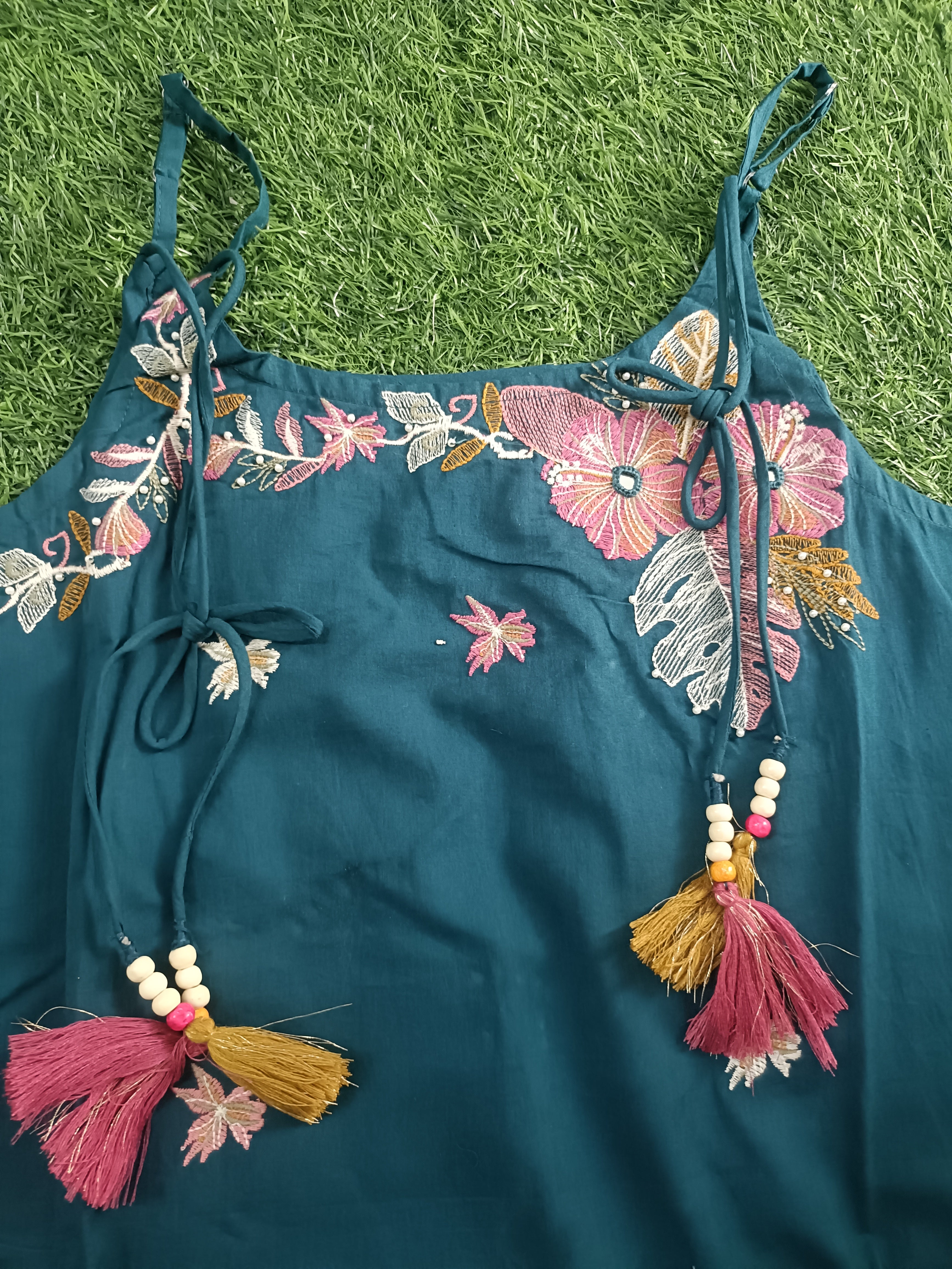 Vibrant Teal Blue Embroidered Cotton 3-Piece Sleeveless Kurti Set