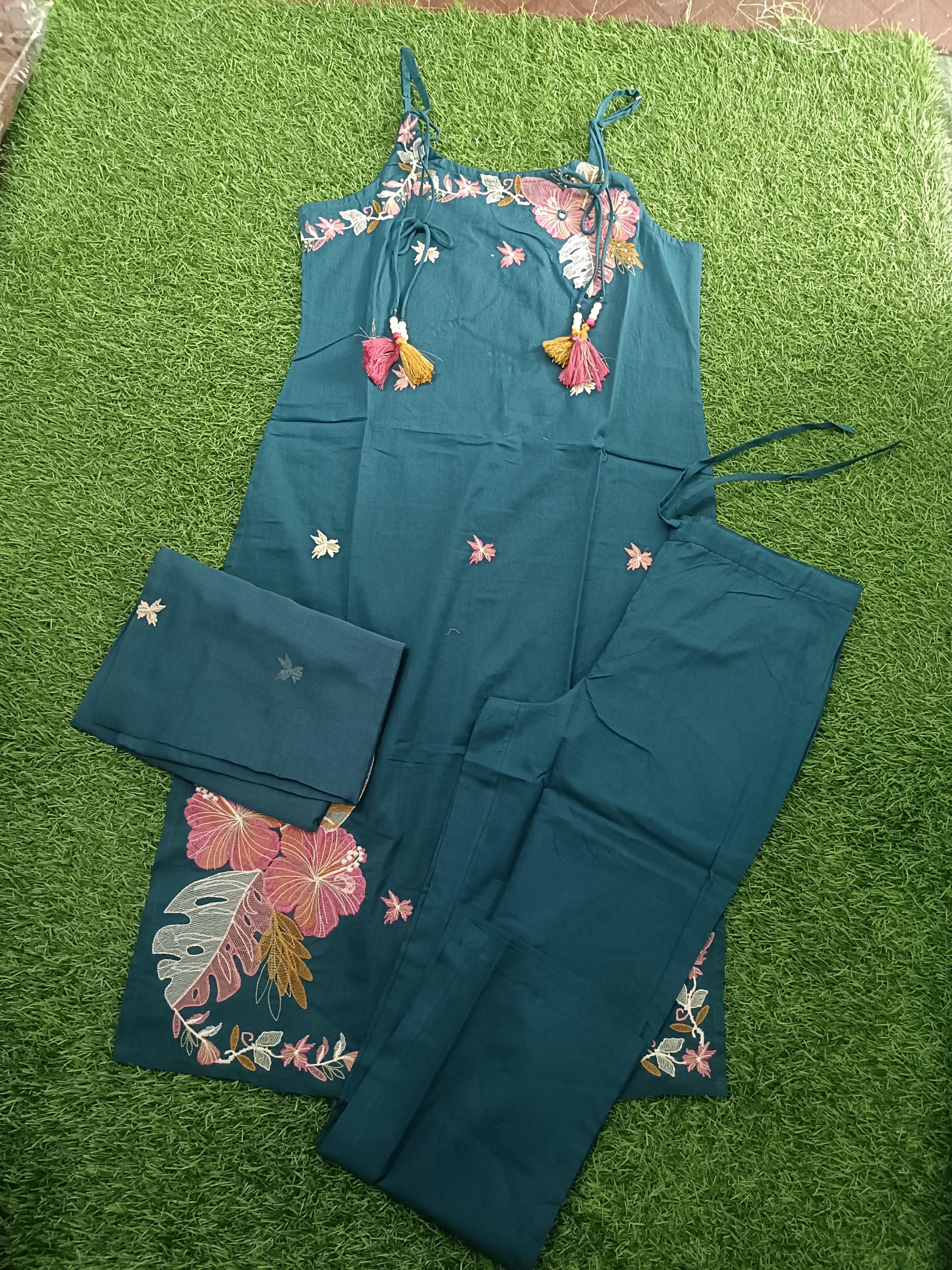 Vibrant Teal Blue Embroidered Cotton 3-Piece Sleeveless Kurti Set