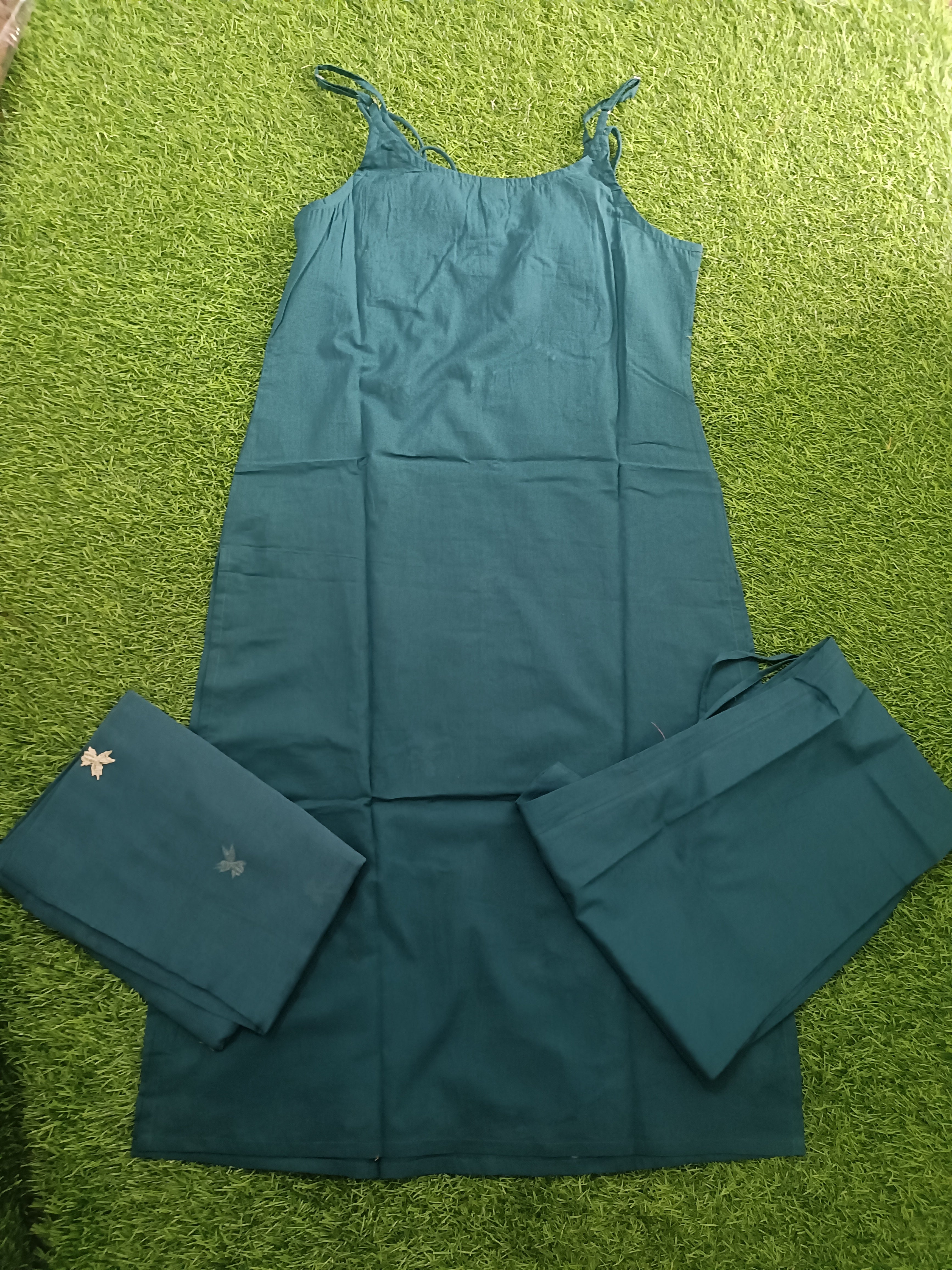 Vibrant Teal Blue Embroidered Cotton 3-Piece Sleeveless Kurti Set