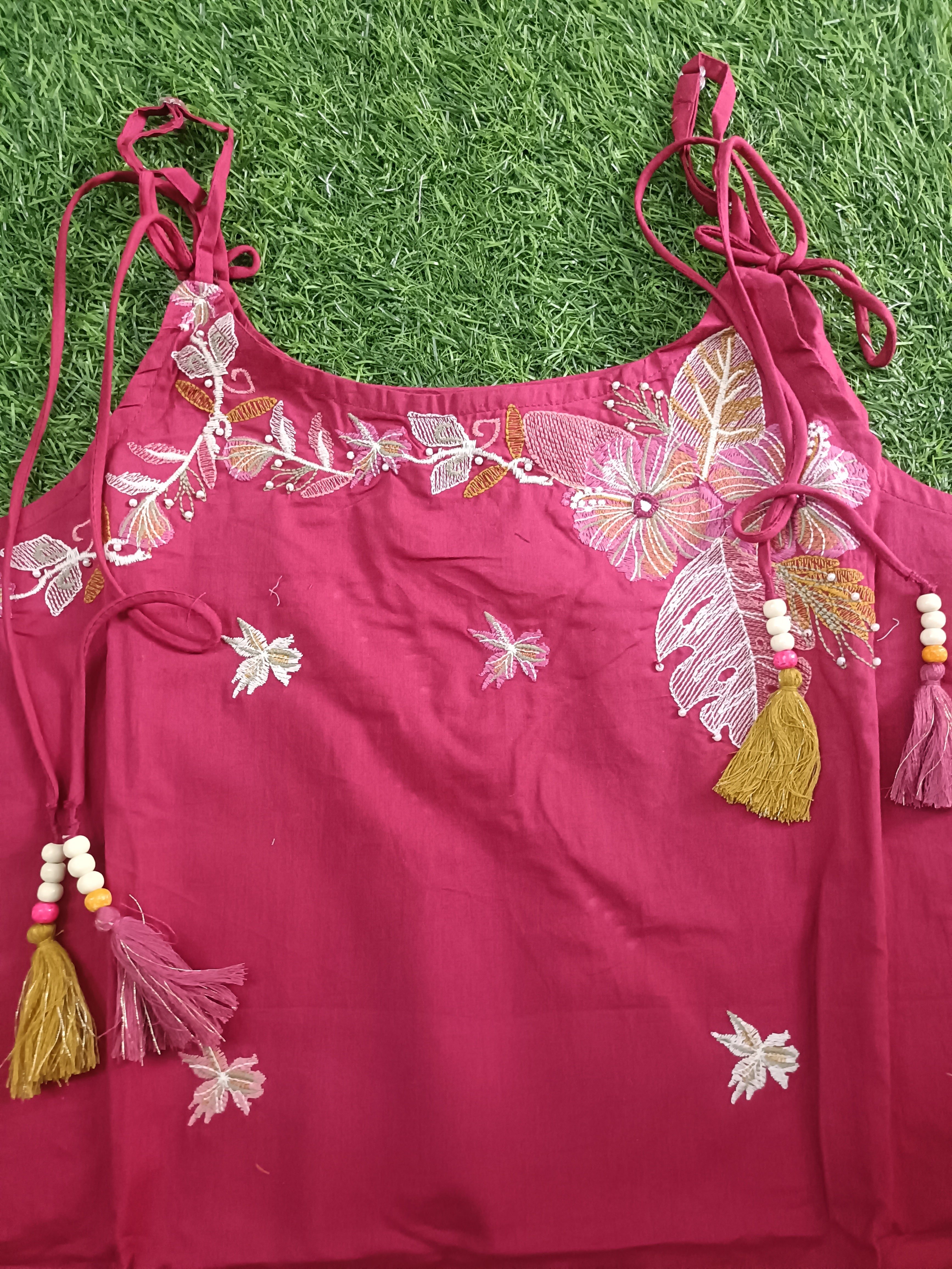 Vibrant Magenta Embroidered Cotton 3-Piece sleeveless Kurti Set