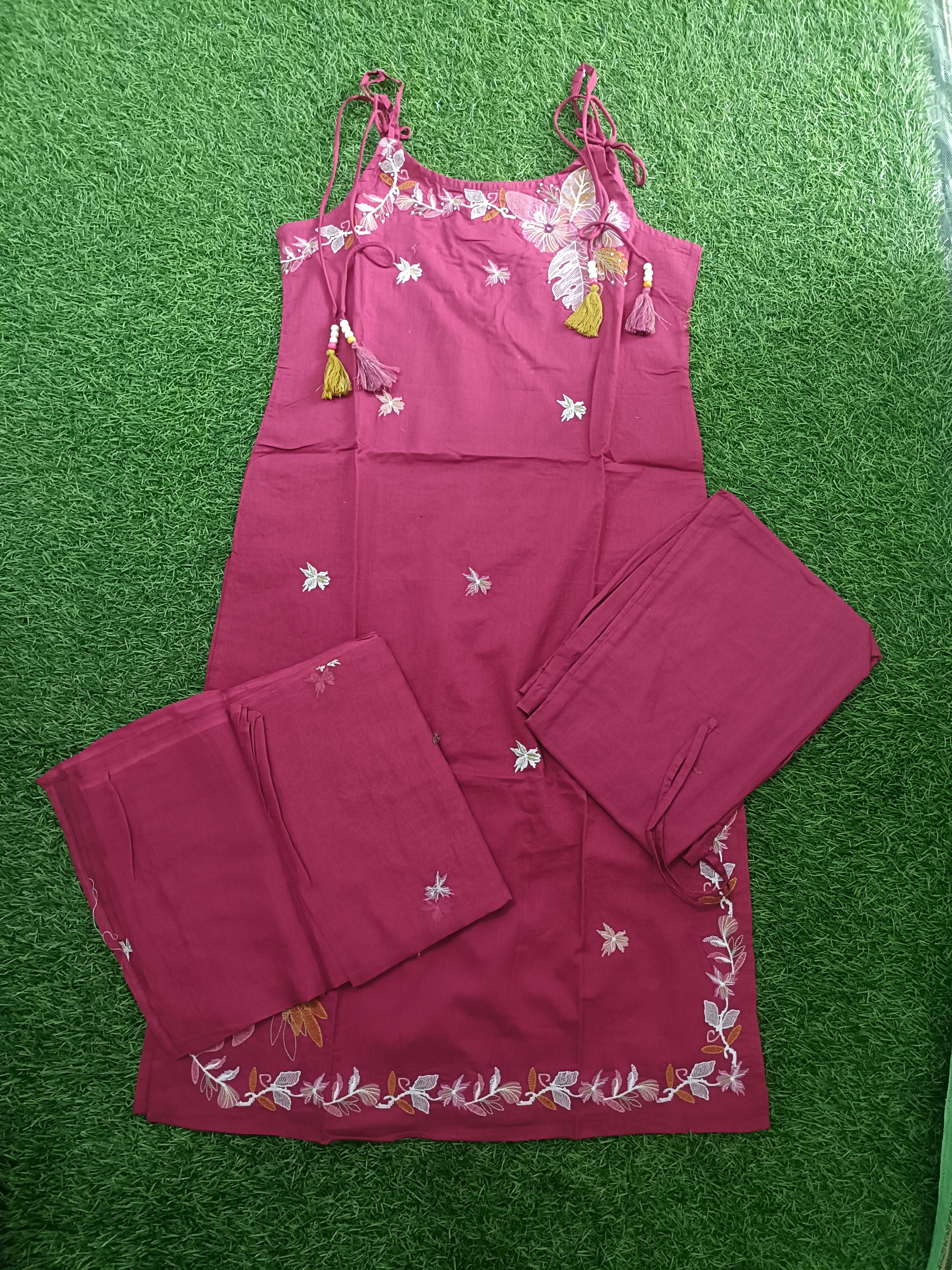 Vibrant Magenta Embroidered Cotton 3-Piece sleeveless Kurti Set