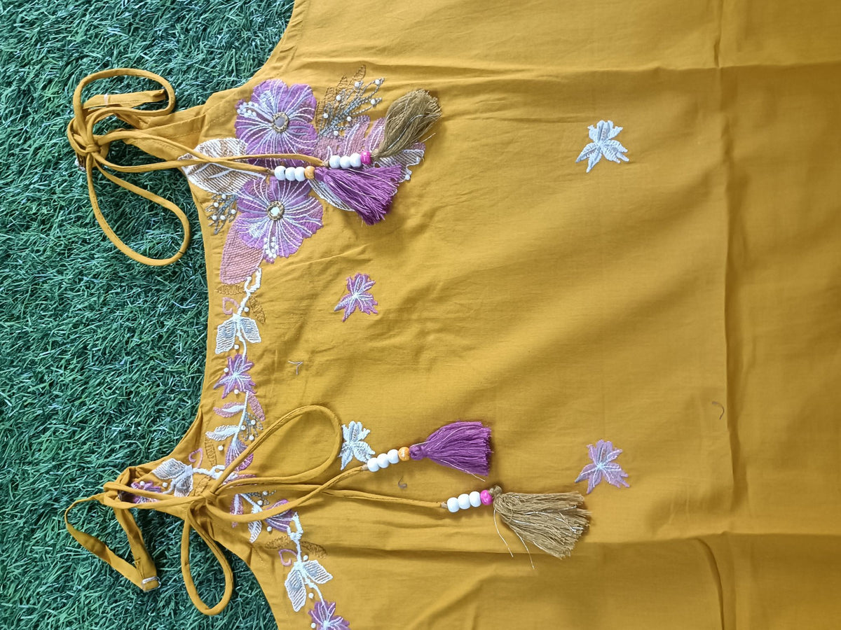 Vibrant Golden Yellow Embroidered Sleeveless Cotton 3-Piece Kurti Set