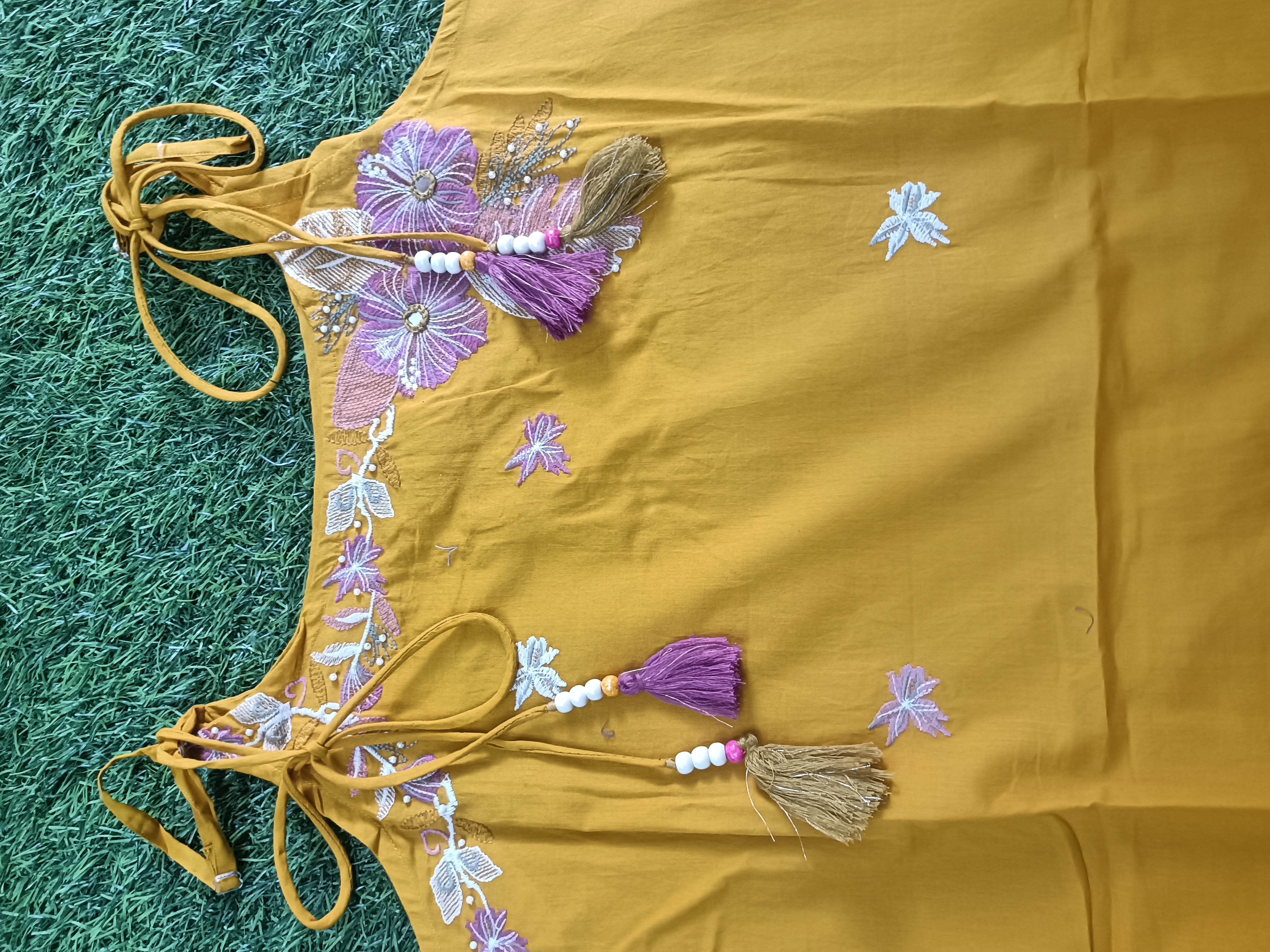 Vibrant Mustard Yellow Embroidered sleeveless Cotton 3-Piece Kurti Set