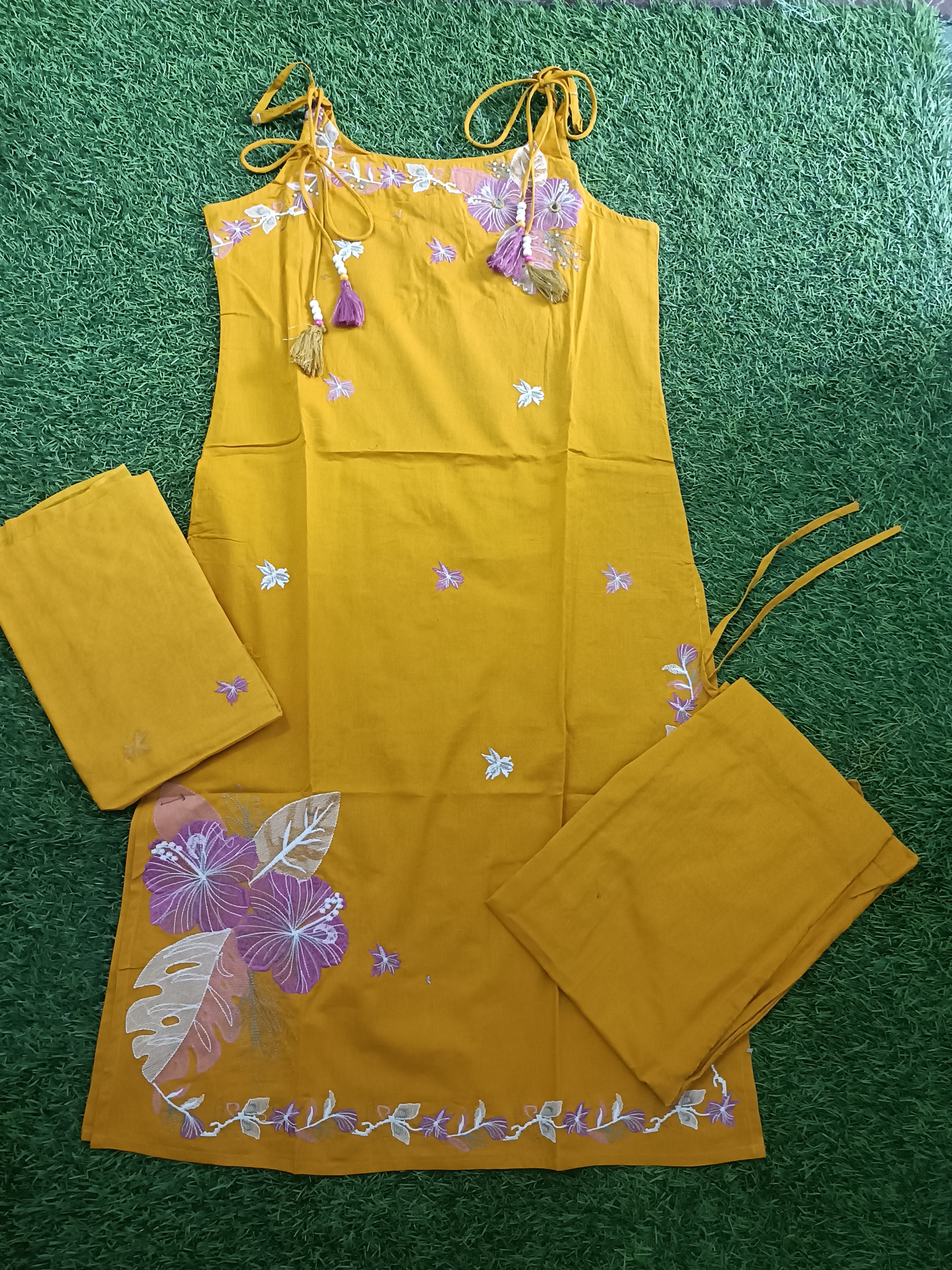 Vibrant Golden Yellow Embroidered Sleeveless Cotton 3-Piece Kurti Set