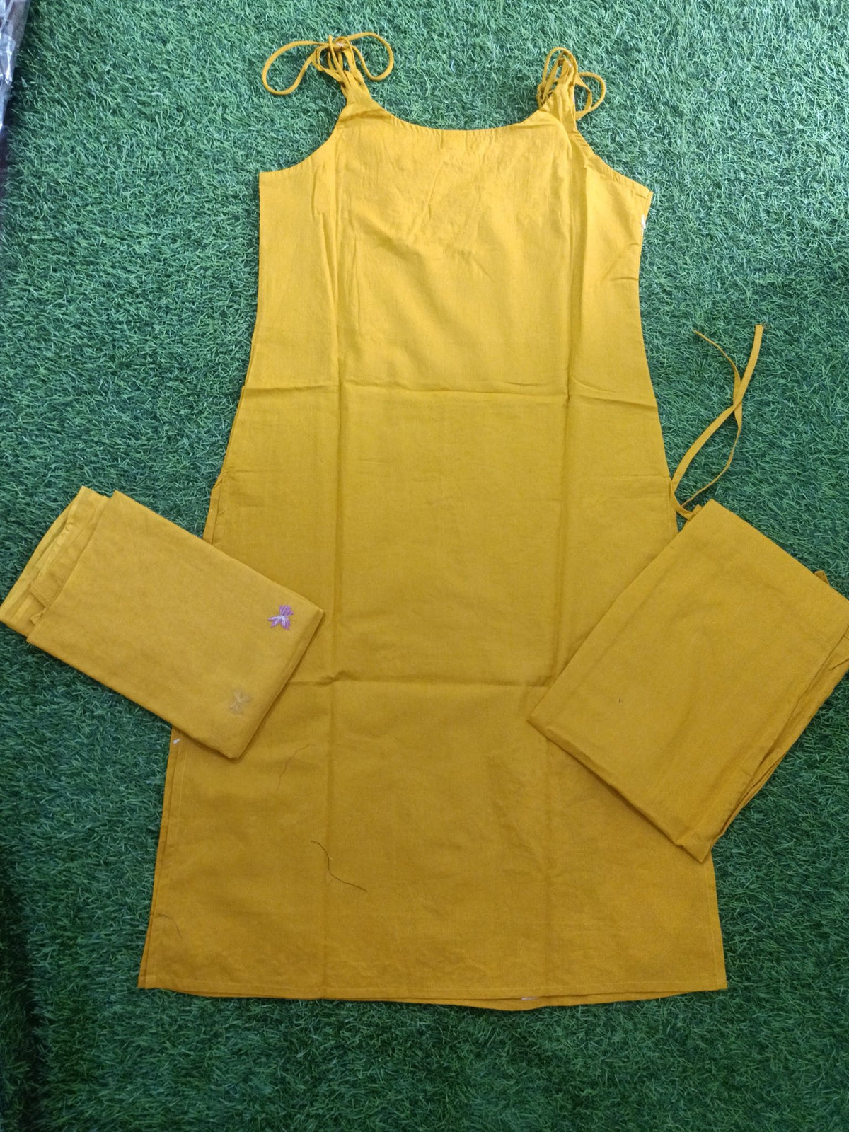 Vibrant Mustard Yellow Embroidered sleeveless Cotton 3-Piece Kurti Set
