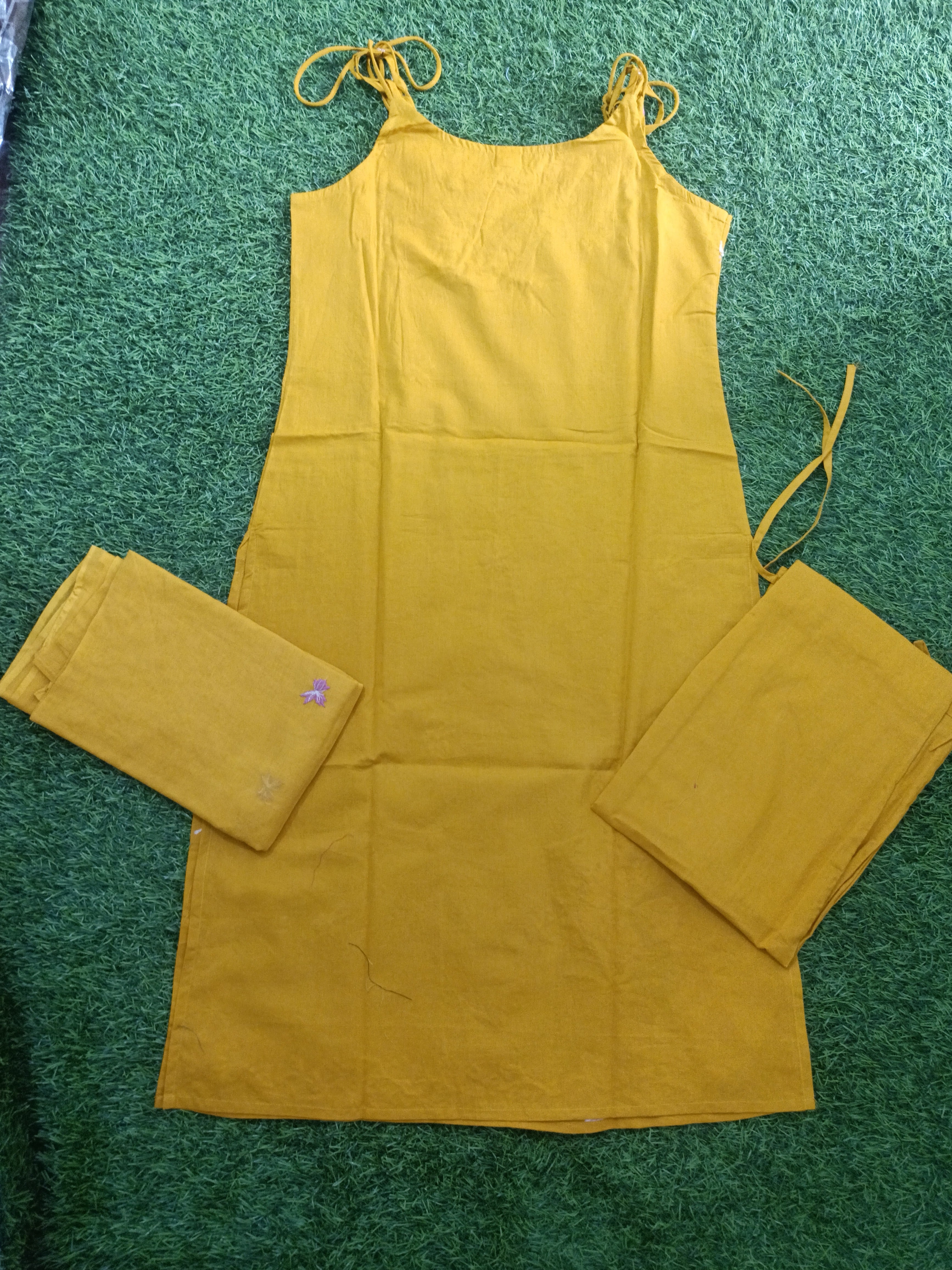 Vibrant Mustard Yellow Embroidered sleeveless Cotton 3-Piece Kurti Set