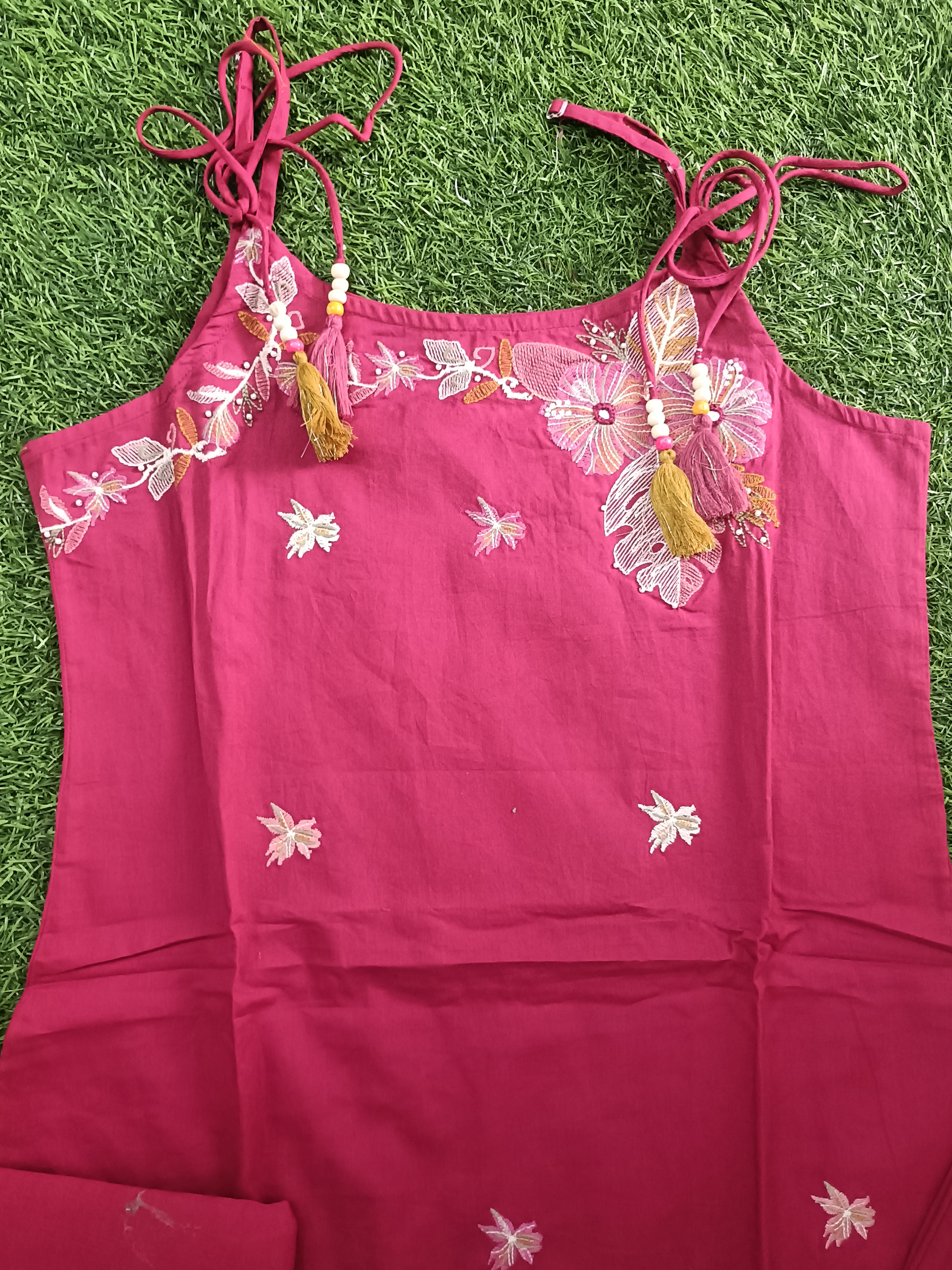 Vibrant Magenta Embroidered sleeveless Cotton 3-Piece Kurti Set