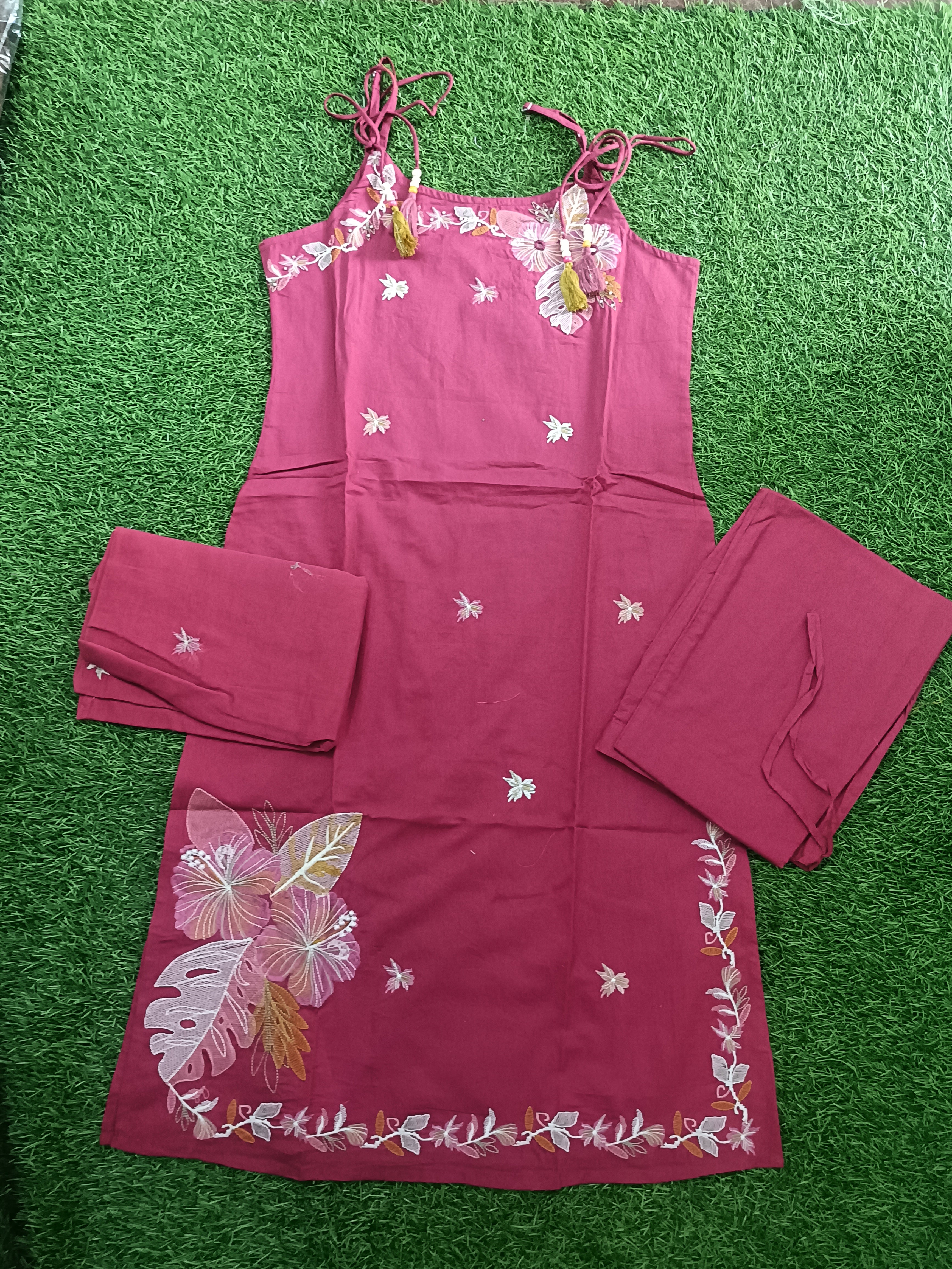 Vibrant Magenta Embroidered sleeveless Cotton 3-Piece Kurti Set