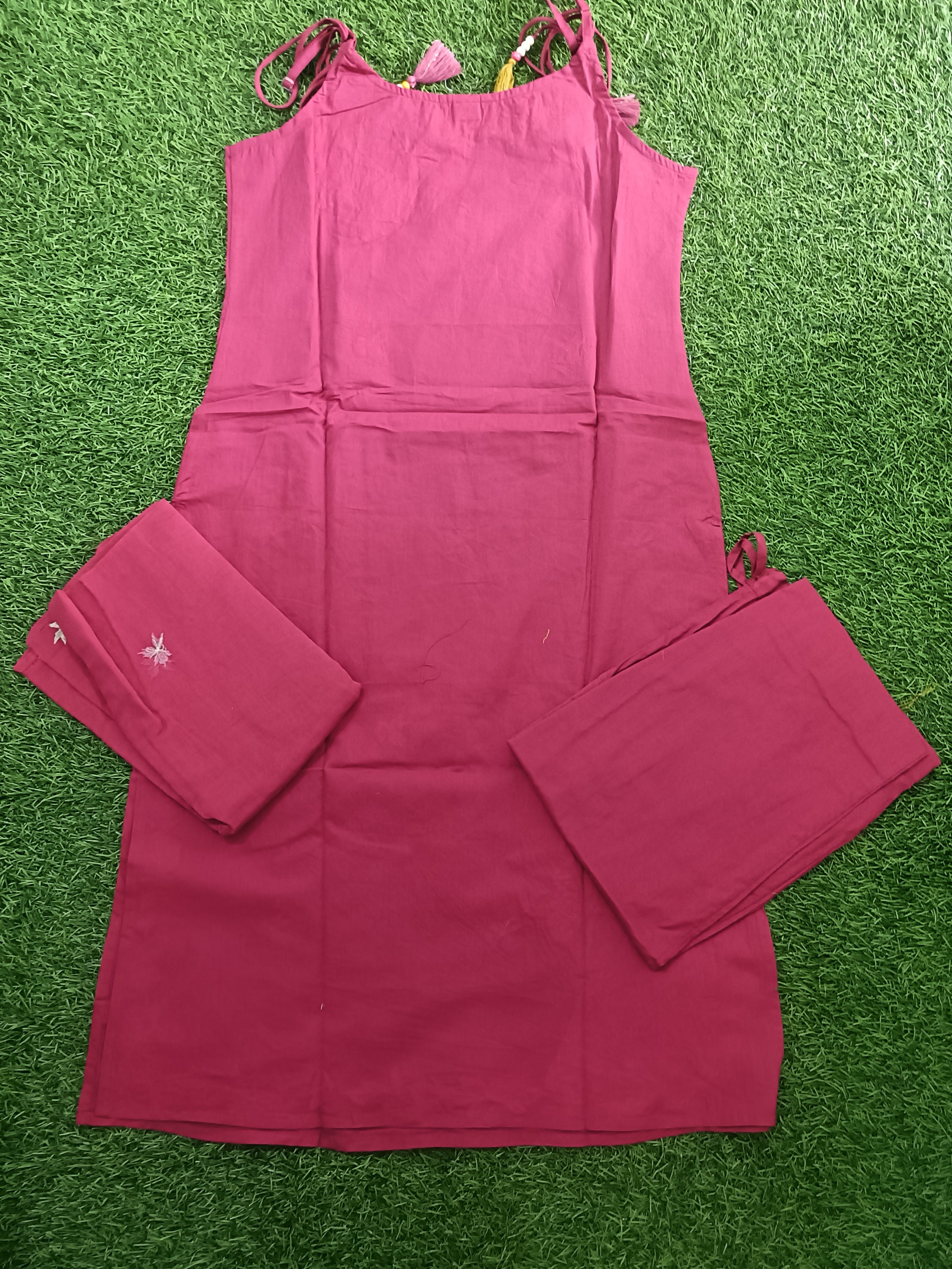 Vibrant Magenta Embroidered sleeveless Cotton 3-Piece Kurti Set