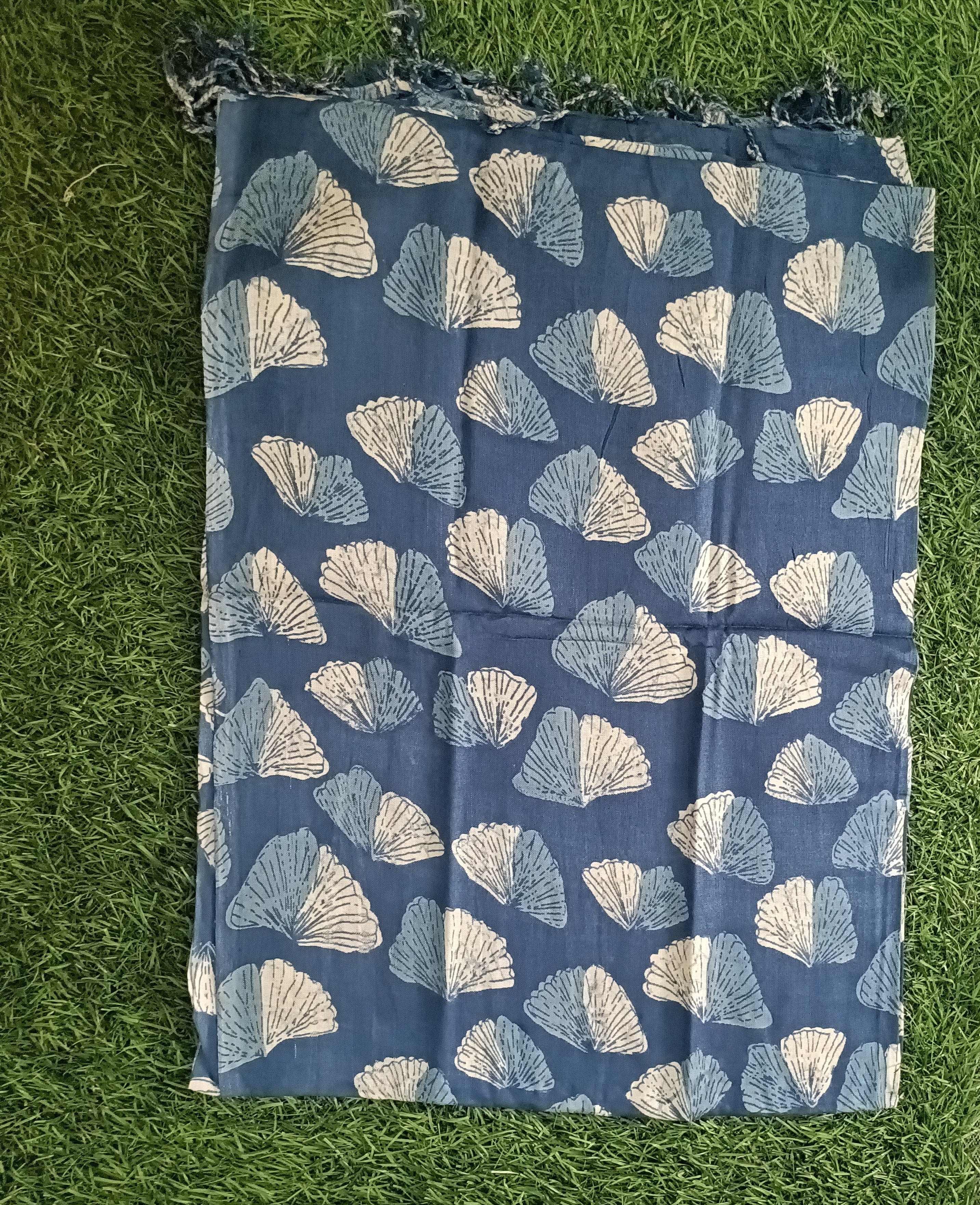 Classic Blue and White Floral Printed Stole with Fringe Accents