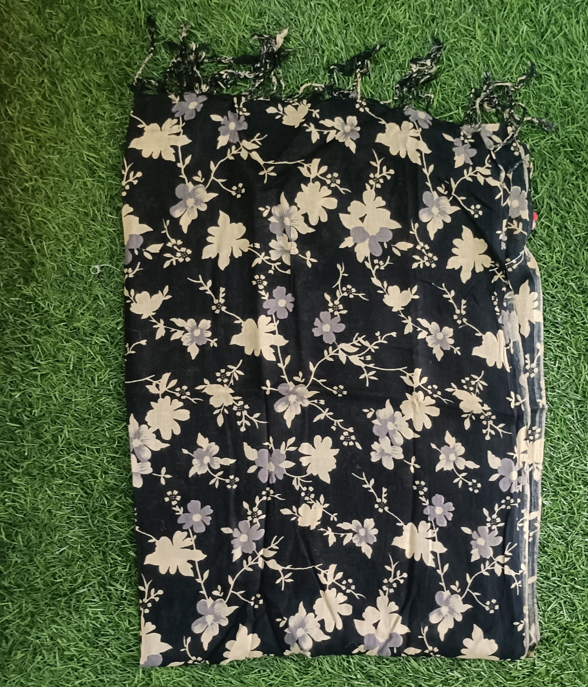 Classic Black and White Floral Printed Stole with Fringe Accents