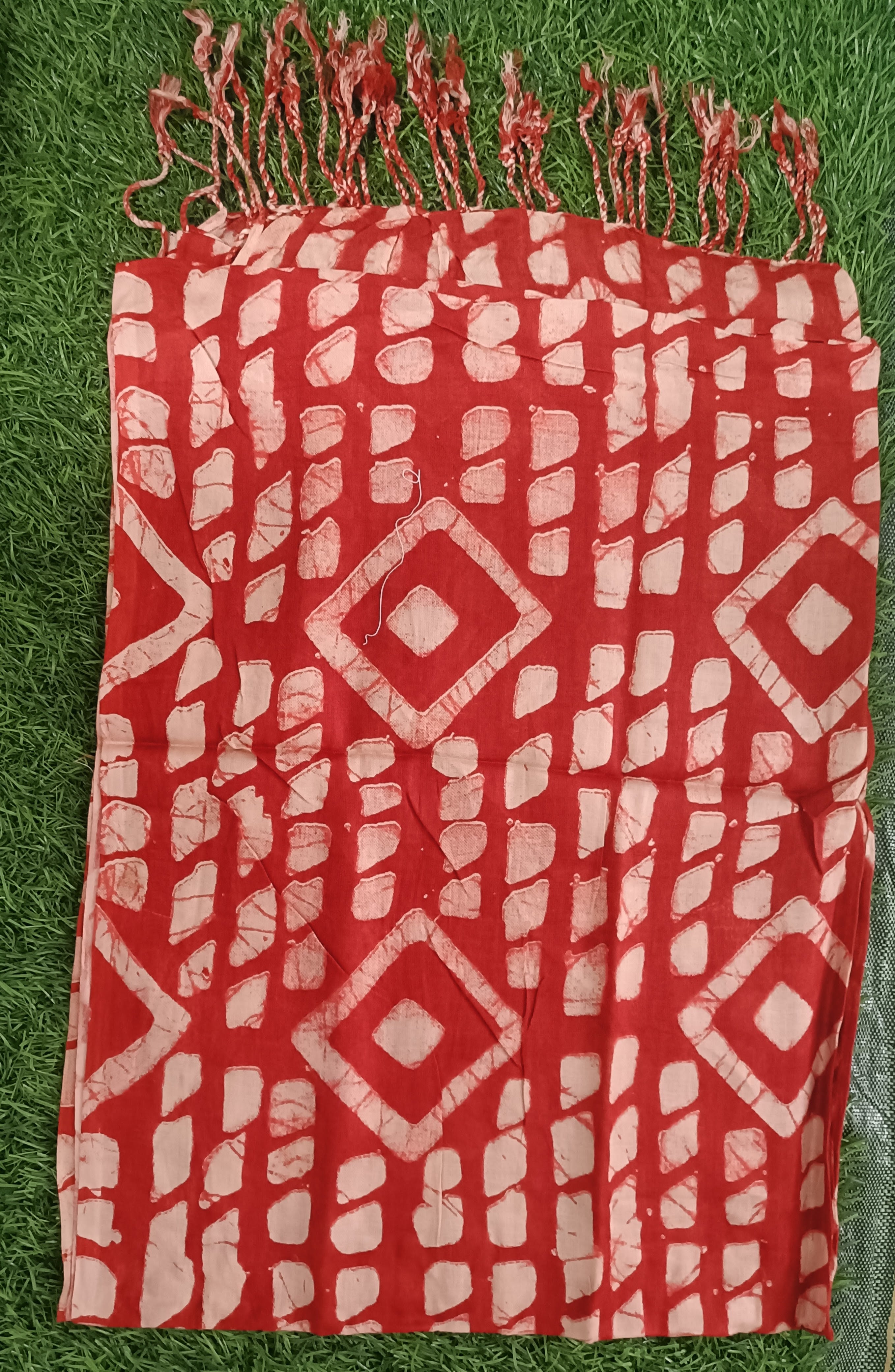 Classic Red and White Floral Printed Stole with Fringe Accents