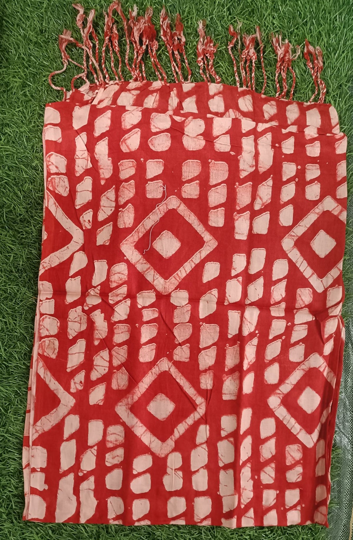 Classic Red and White Floral Printed Stole with Fringe Accents
