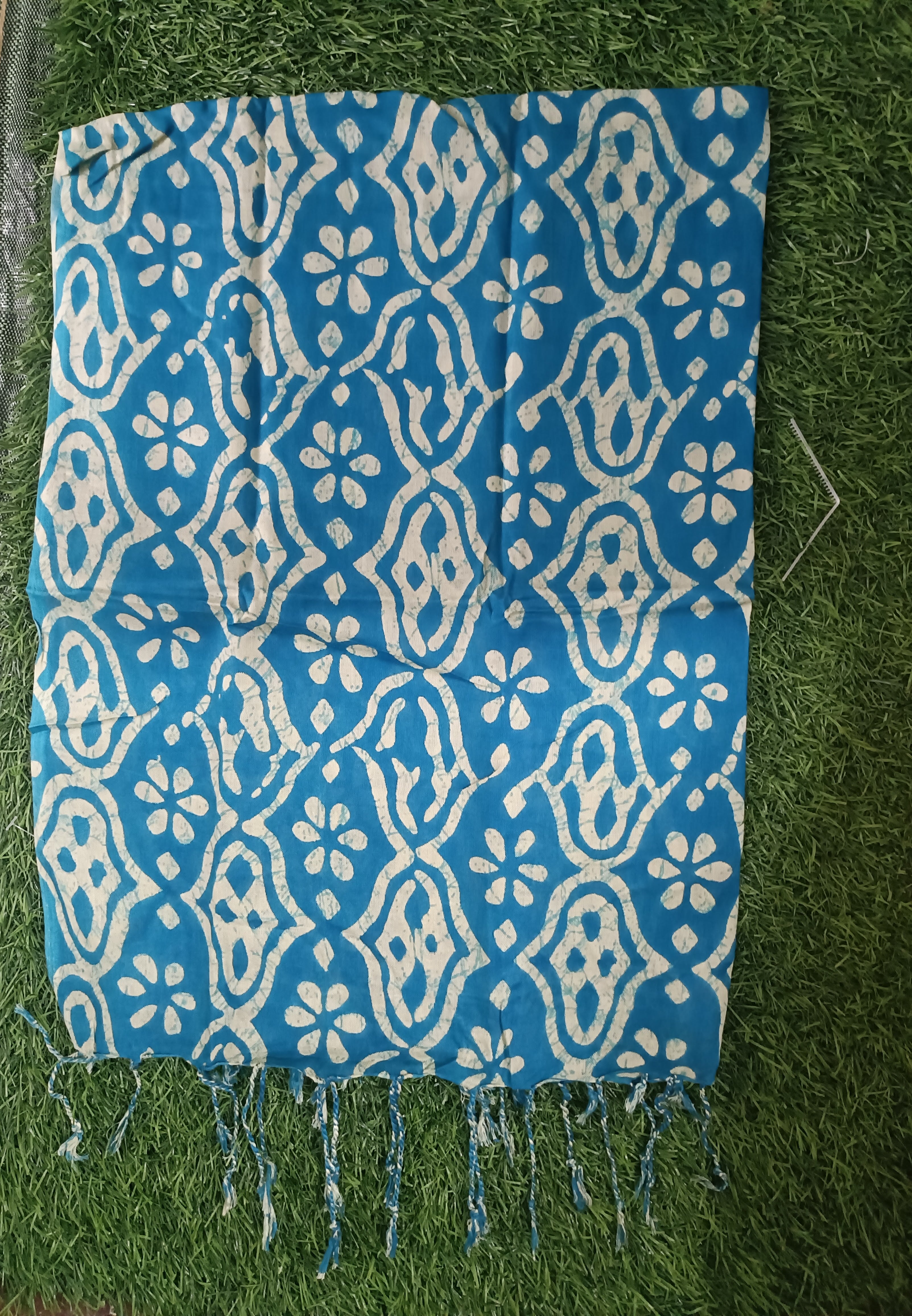 Classic Blue and Cream Floral Printed Stole with Fringe Accents