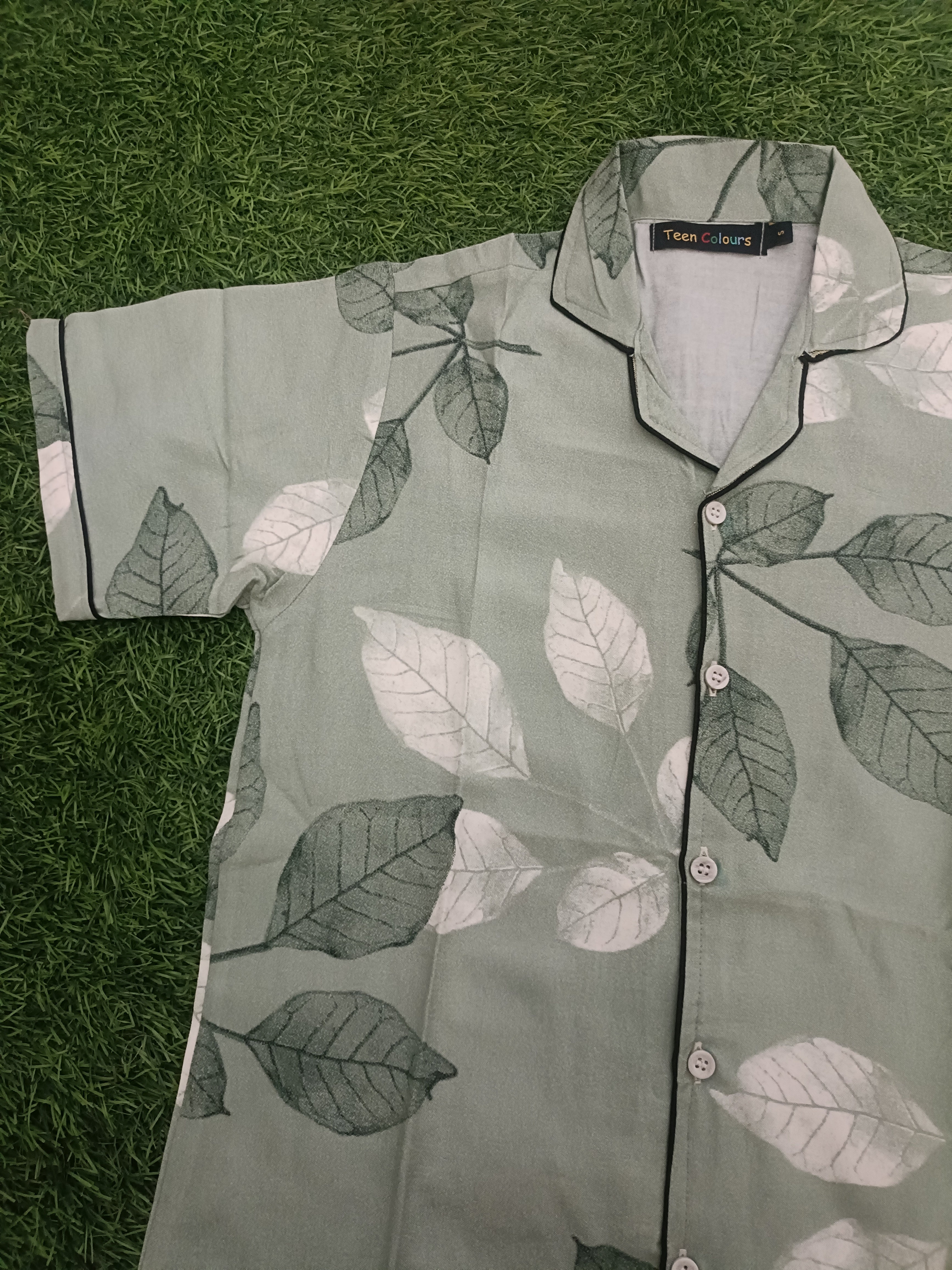 Premium Alfain Mint Green Botanical Co-ord Set,With Button-down front, notch collar, contrast black piping, elasticated waist.