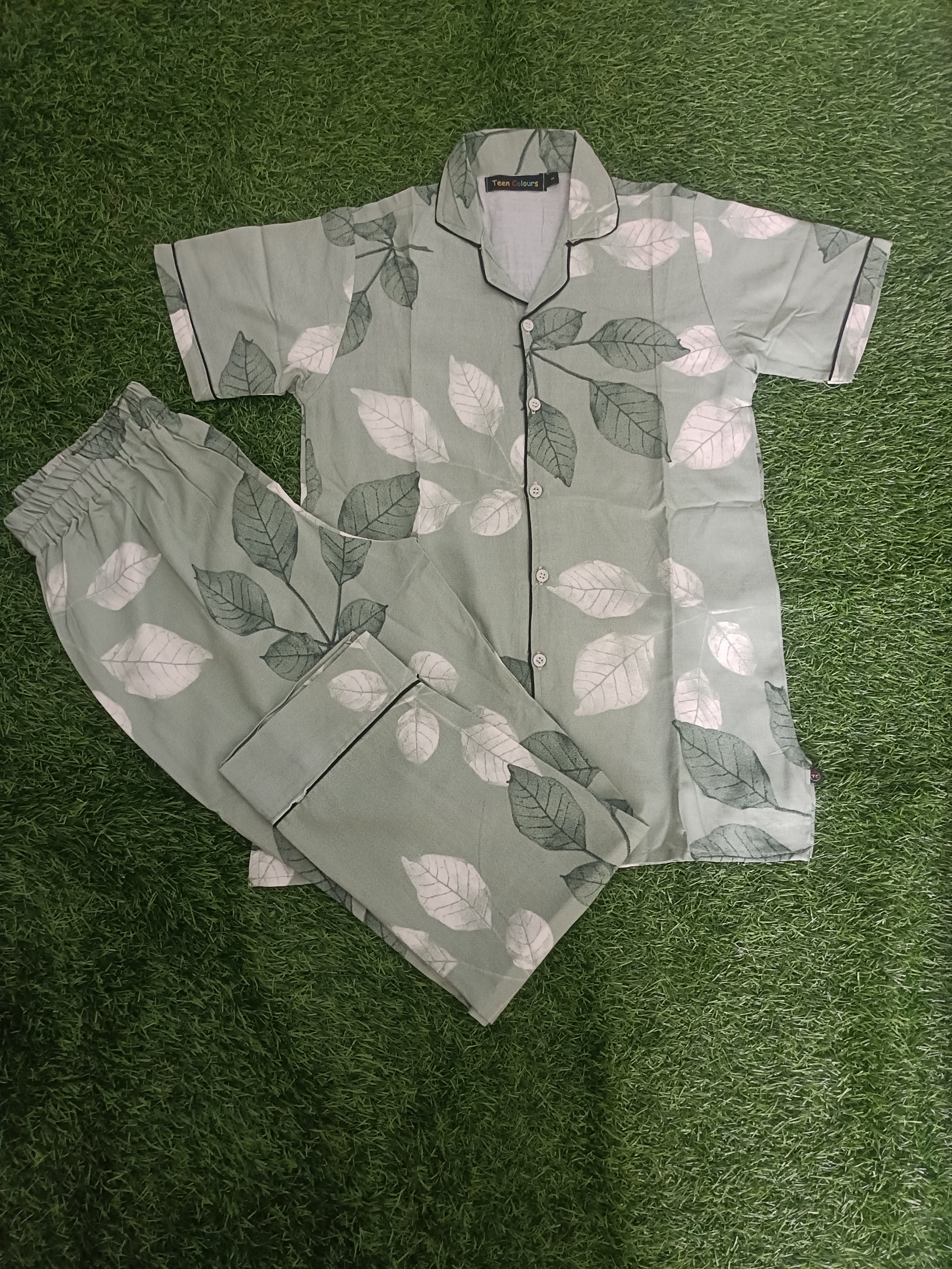Premium Alfain Mint Green Botanical Co-ord Set,With Button-down front, notch collar, contrast black piping, elasticated waist.