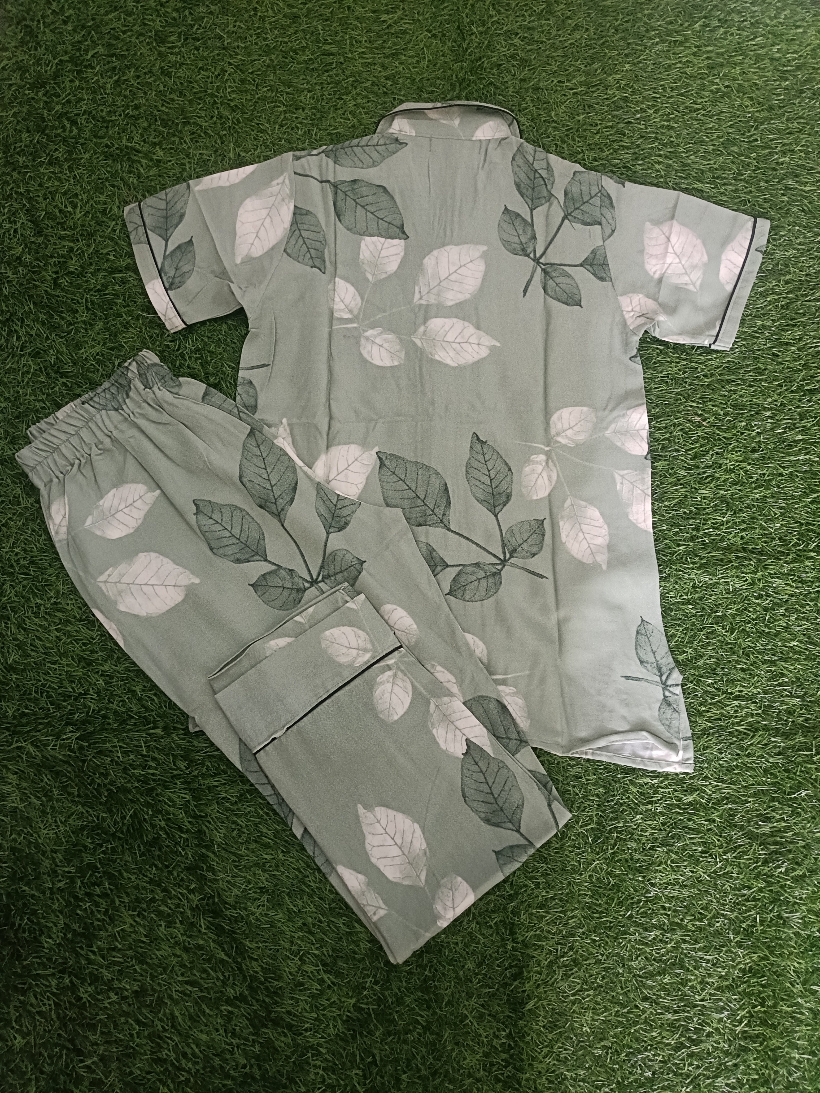 Premium Alfain Mint Green Botanical Co-ord Set,With Button-down front, notch collar, contrast black piping, elasticated waist.