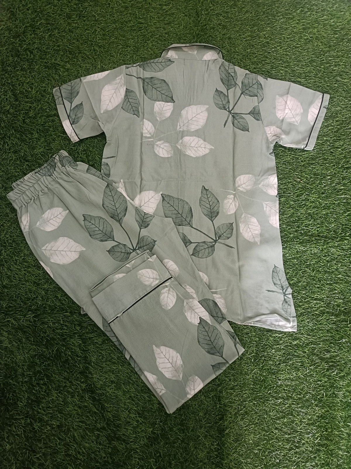 Premium Alfain Mint Green Botanical Co-ord Set,With Button-down front, notch collar, contrast black piping, elasticated waist.