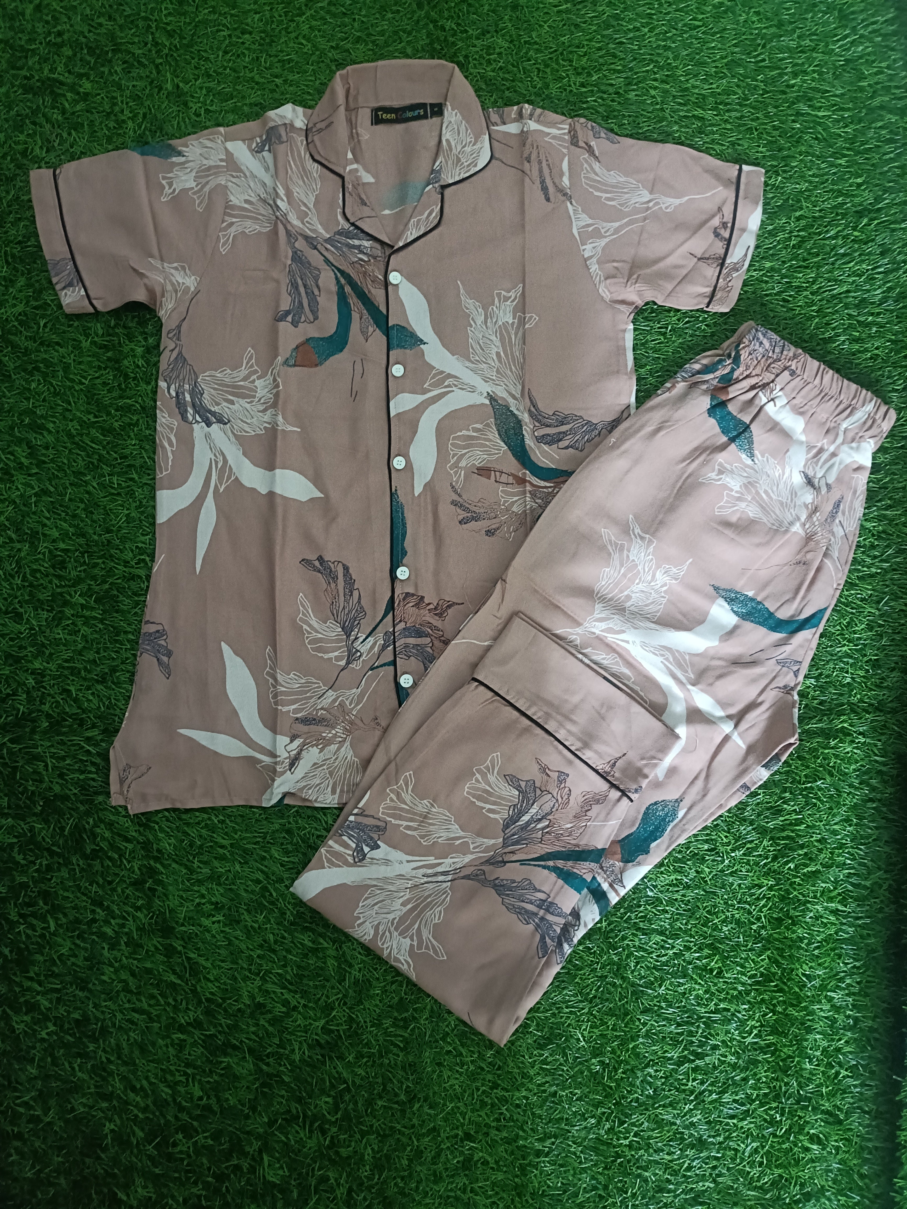Premium Alfain Dusty Rose Tropical Co-ord Set,With Button-down front, notch collar, contrast black piping, elasticated waist.