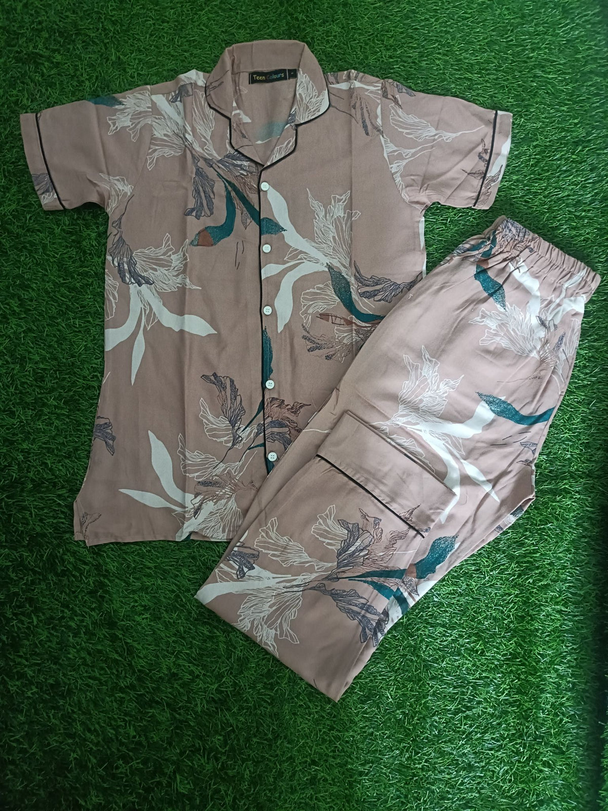 Premium Alfain Dusty Rose Tropical Co-ord Set,With Button-down front, notch collar, contrast black piping, elasticated waist.