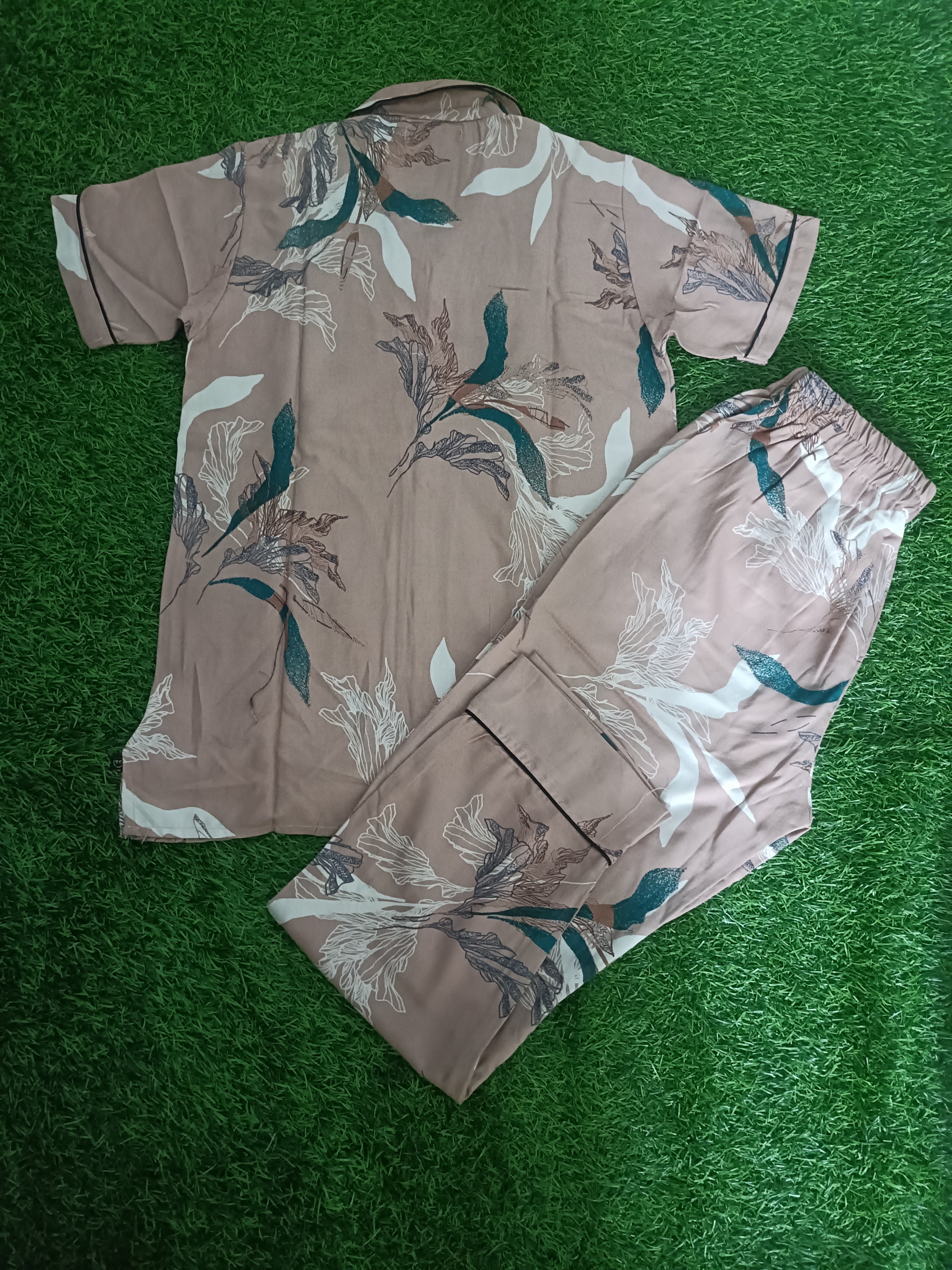 Premium Alfain Dusty Rose Tropical Co-ord Set,With Button-down front, notch collar, contrast black piping, elasticated waist.
