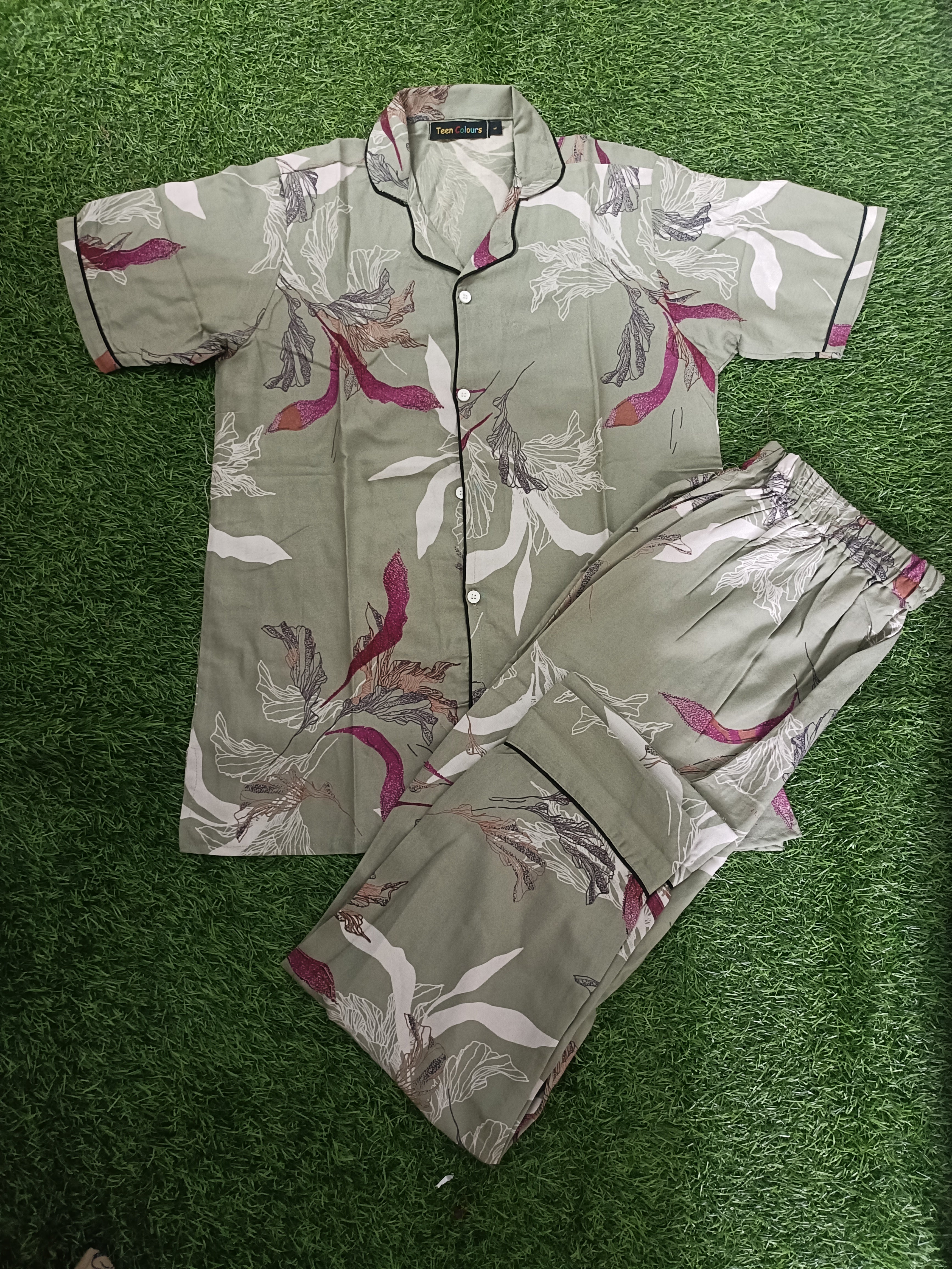 Premium Alfain Olive Tropical Floral Co-ord Set,With Button-down front, notch collar, contrast black piping, elasticated waist.