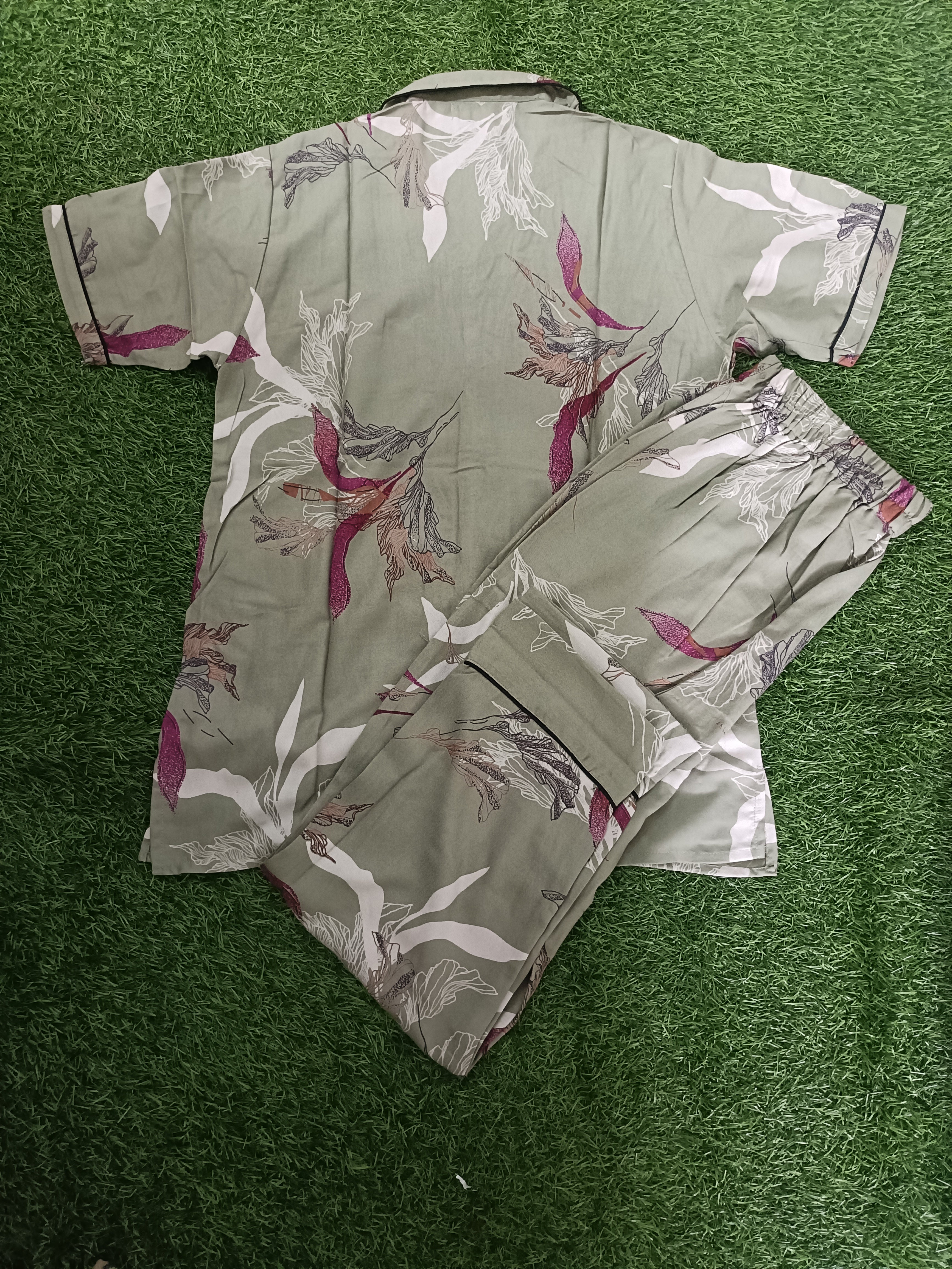 Premium Alfain Olive Tropical Floral Co-ord Set,With Button-down front, notch collar, contrast black piping, elasticated waist.