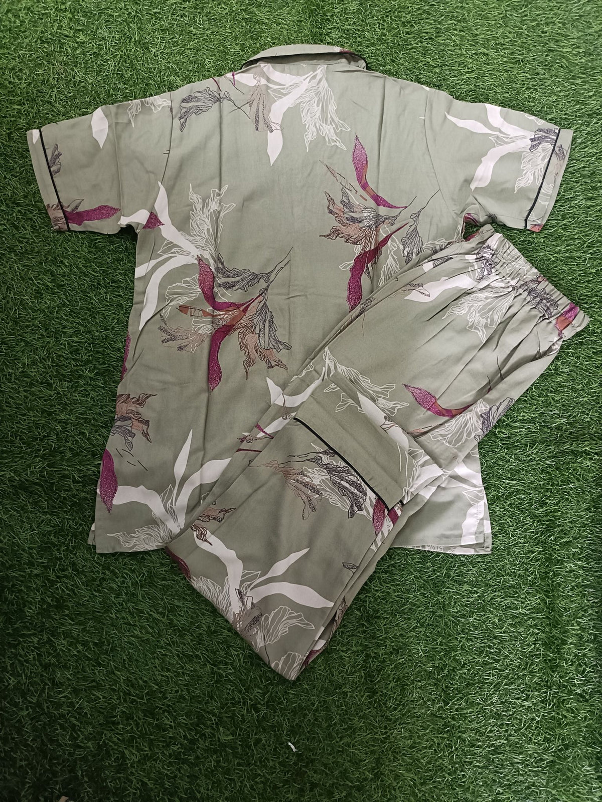 Premium Alfain Olive Tropical Floral Co-ord Set,With Button-down front, notch collar, contrast black piping, elasticated waist.