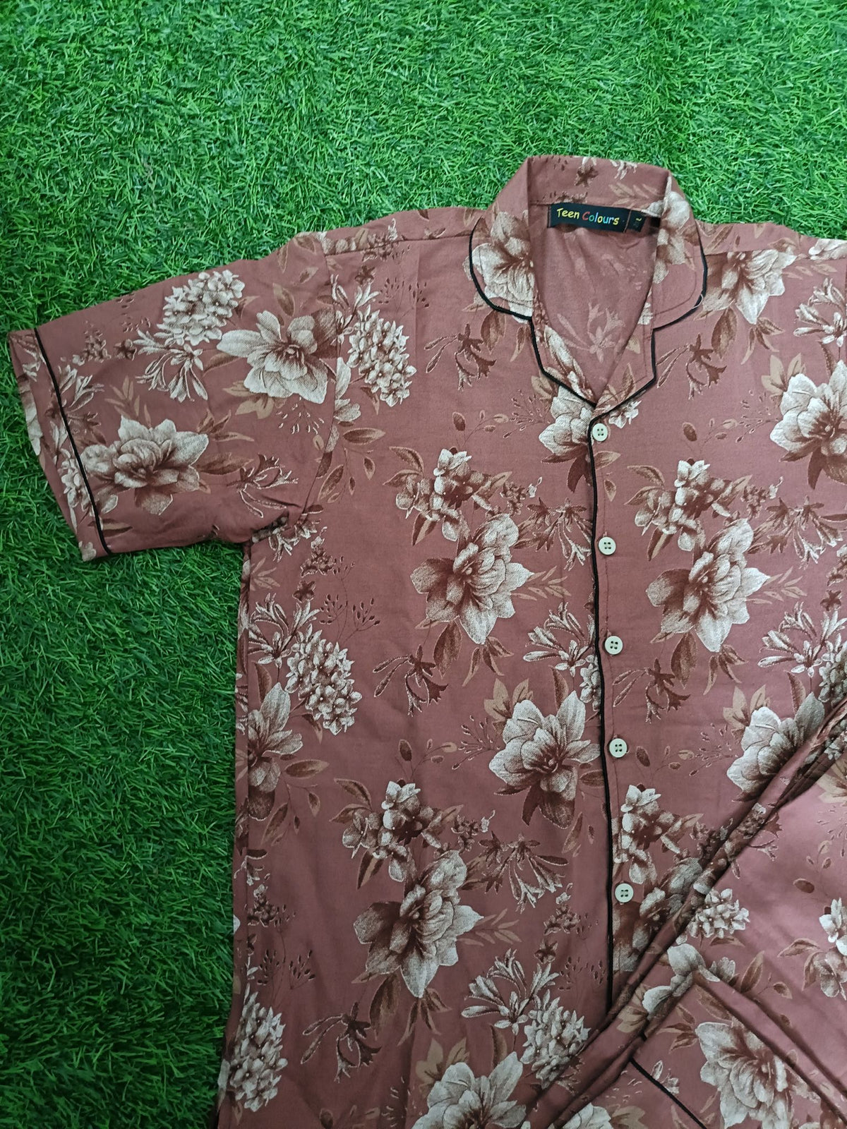 Premium Alfain Brick Red Vintage Floral Co-ord Set,With Button-down front, notch collar, contrast black piping, elasticated waist.