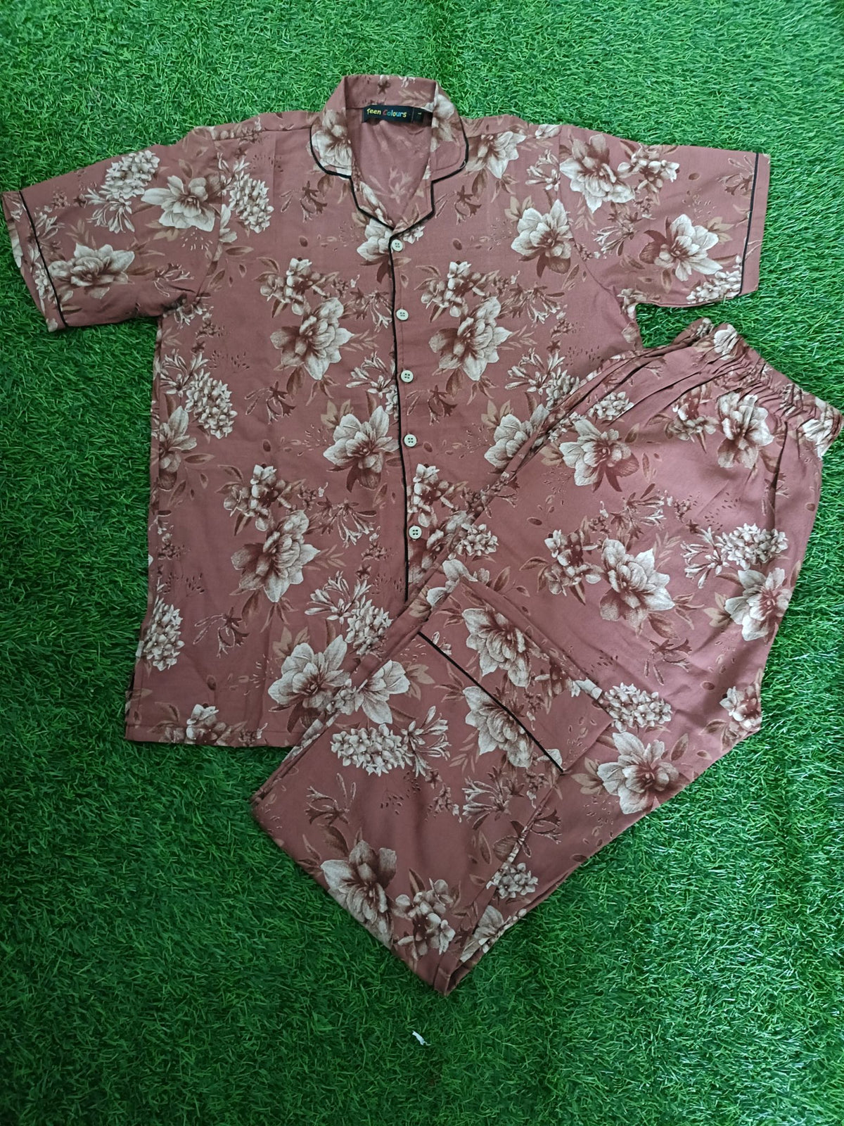 Premium Alfain Brick Red Vintage Floral Co-ord Set,With Button-down front, notch collar, contrast black piping, elasticated waist.