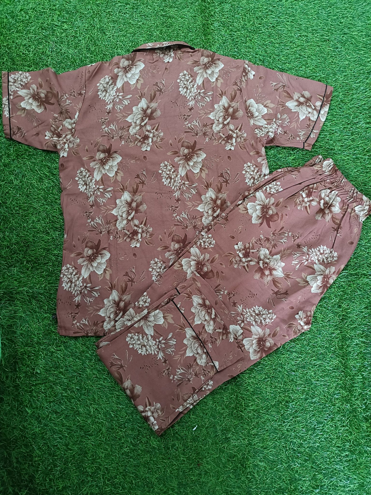 Premium Alfain Brick Red Vintage Floral Co-ord Set,With Button-down front, notch collar, contrast black piping, elasticated waist.