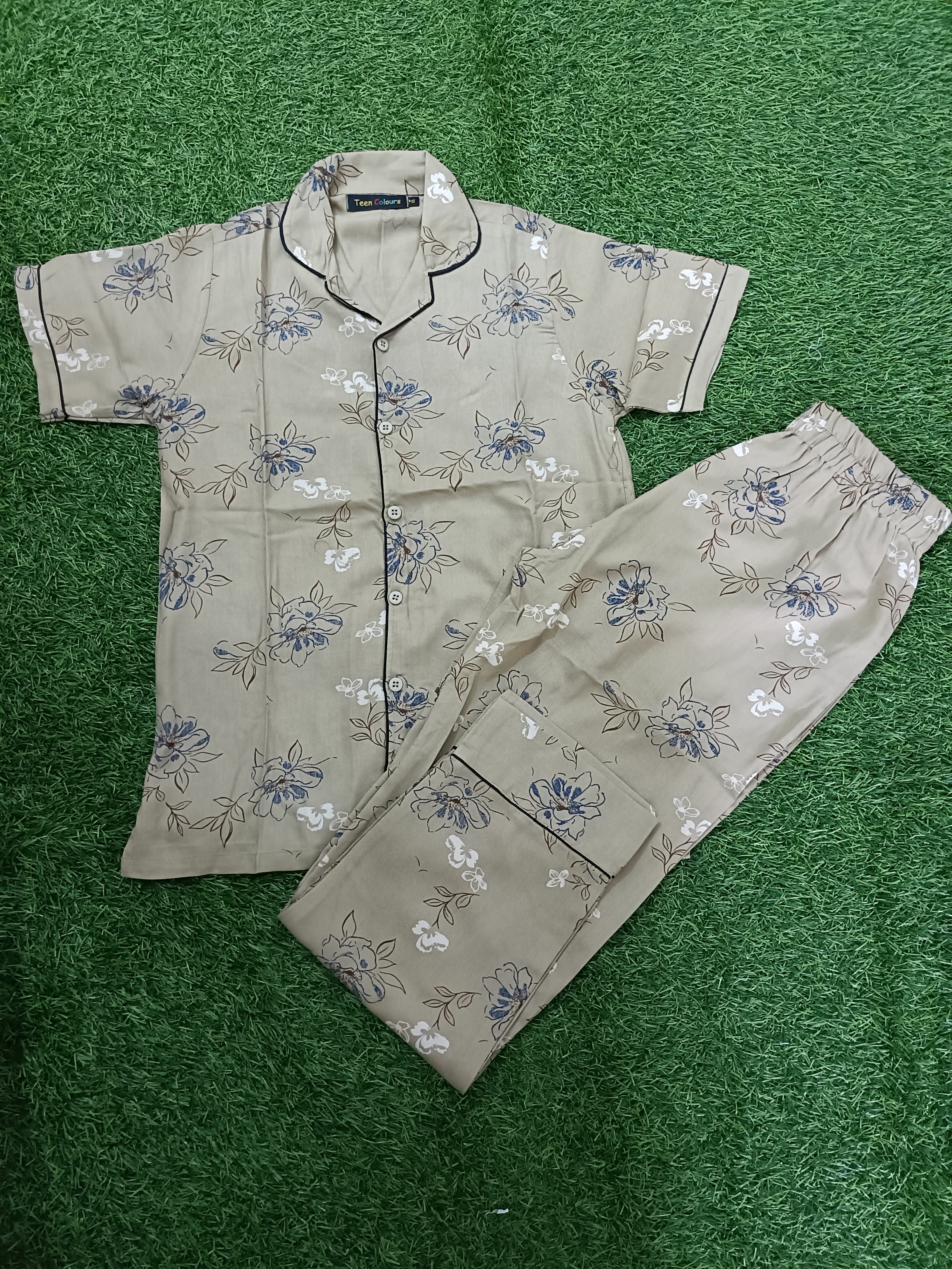 Premium Alfain Sand Beige Blue Floral Co-ord Set,With Button-down front, notch collar, contrast black piping, elasticated waist.