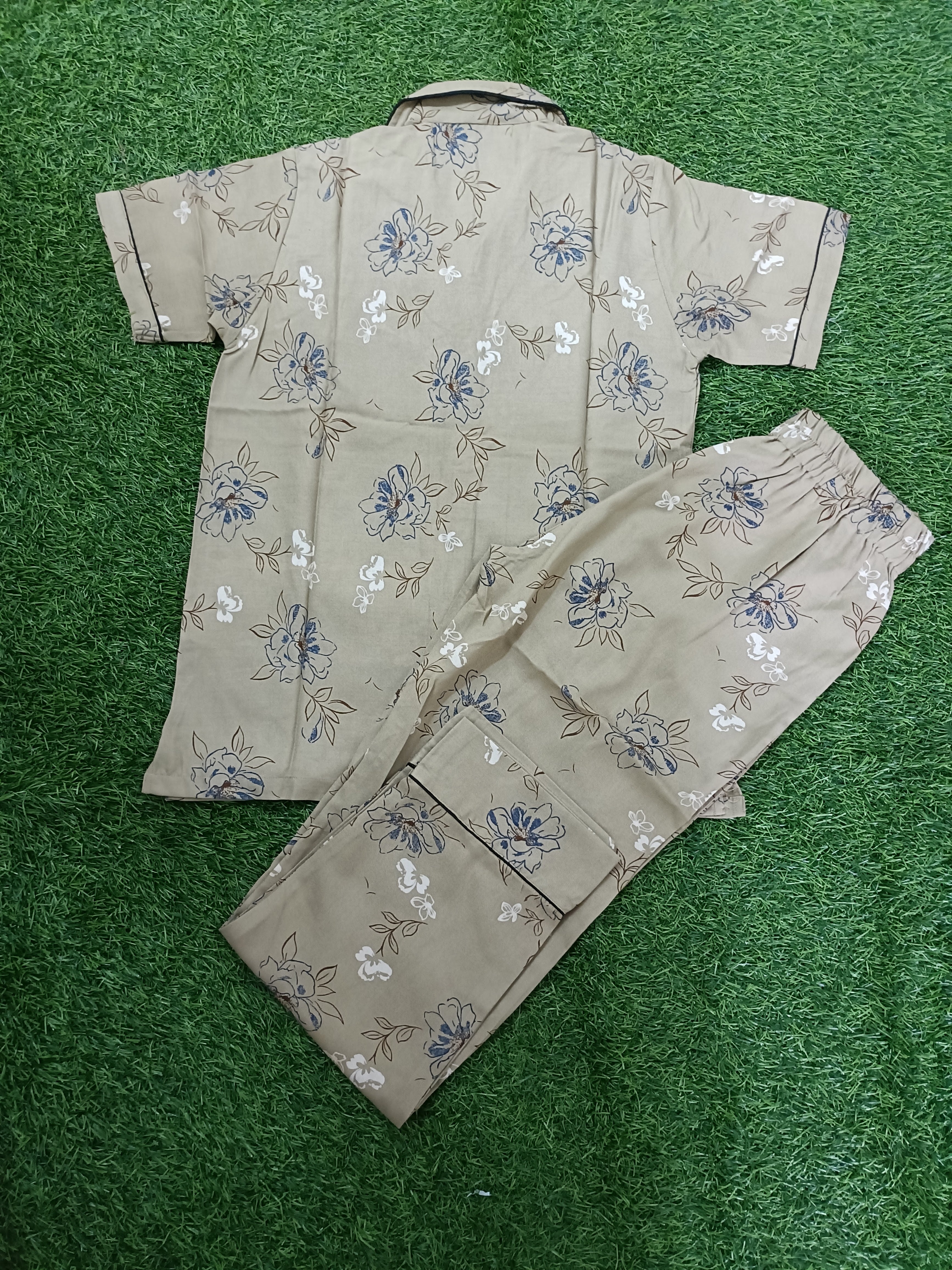 Premium Alfain Sand Beige Blue Floral Co-ord Set,With Button-down front, notch collar, contrast black piping, elasticated waist.