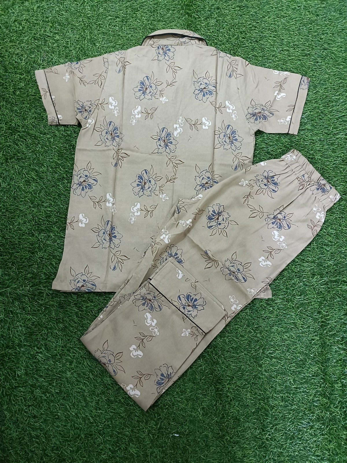 Premium Alfain Sand Beige Blue Floral Co-ord Set,With Button-down front, notch collar, contrast black piping, elasticated waist.
