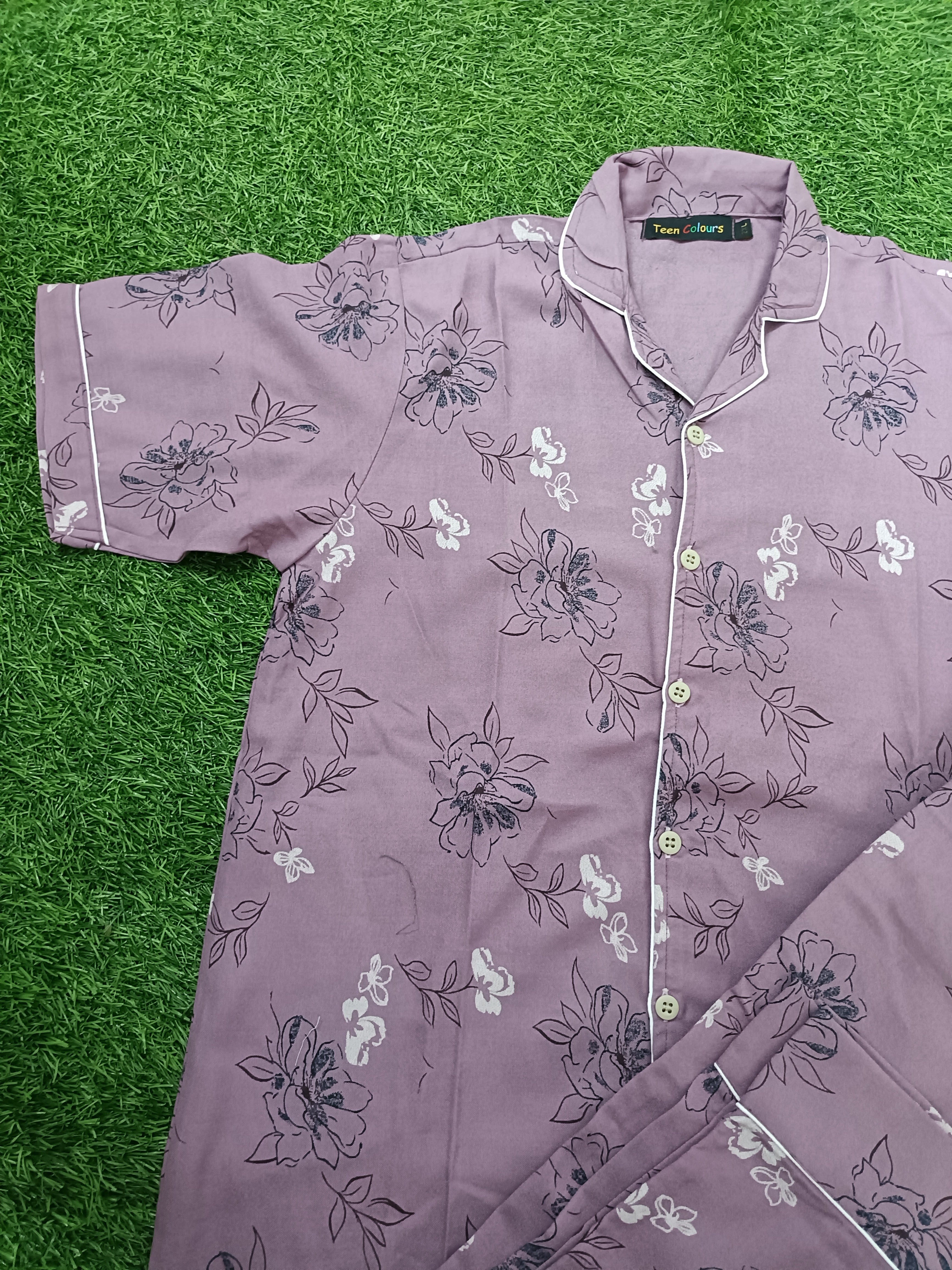 Premium Alfain Lavender Sketch Floral Co-ord Set,With Button-down front, notch collar, contrast black piping, elasticated waist.