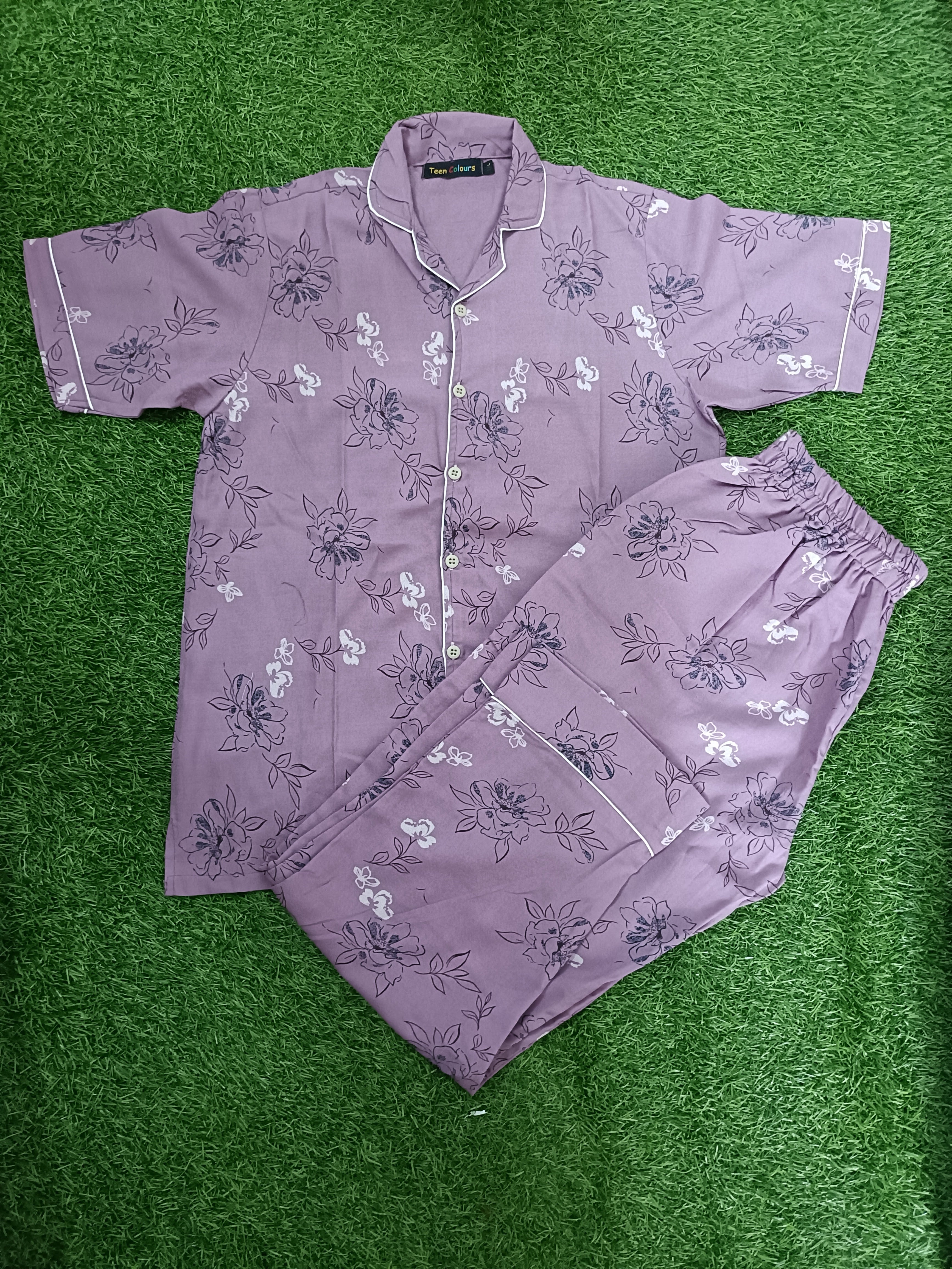 Premium Alfain Lavender Sketch Floral Co-ord Set,With Button-down front, notch collar, contrast black piping, elasticated waist.