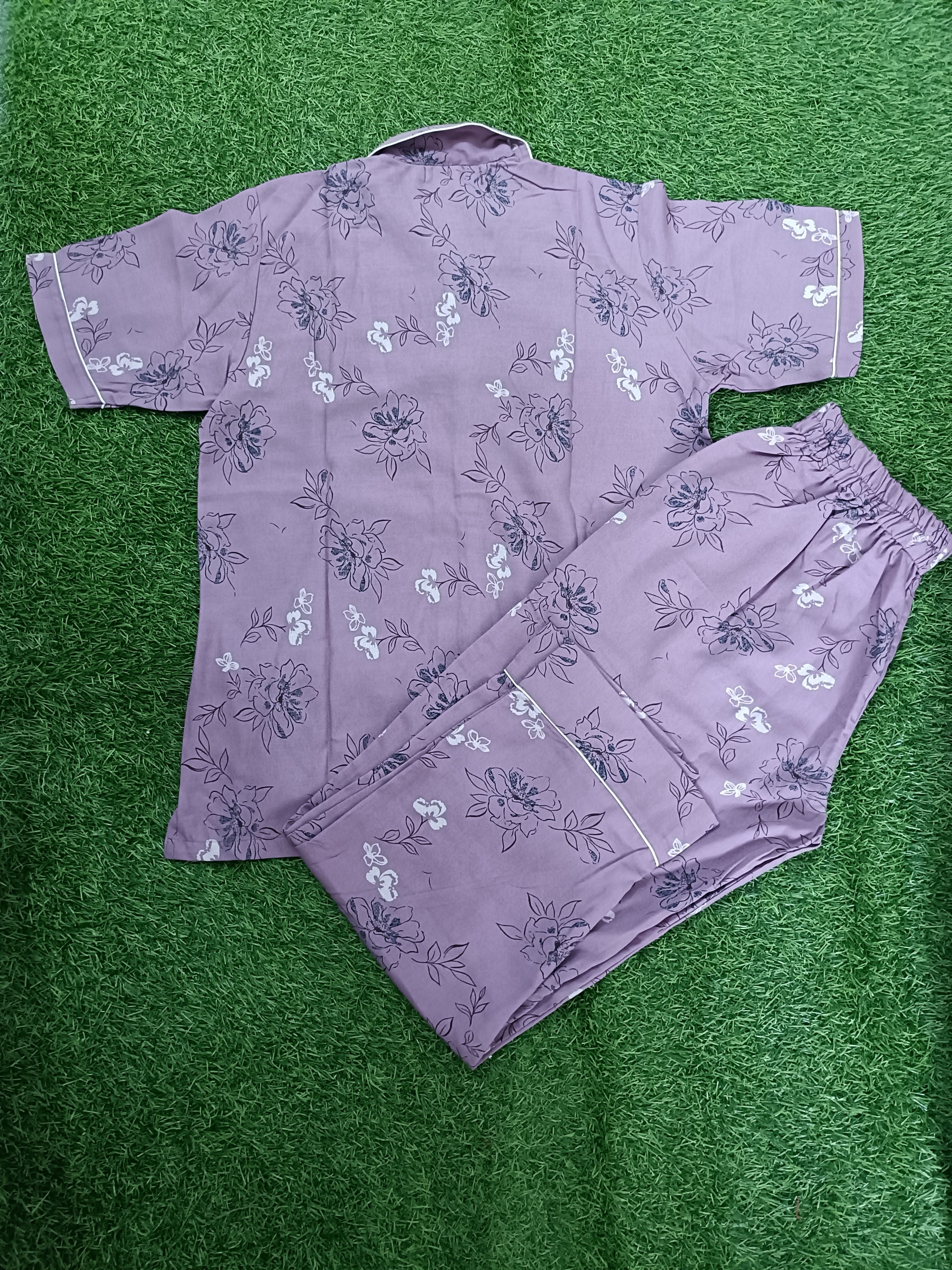 Premium Alfain Lavender Sketch Floral Co-ord Set,With Button-down front, notch collar, contrast black piping, elasticated waist.