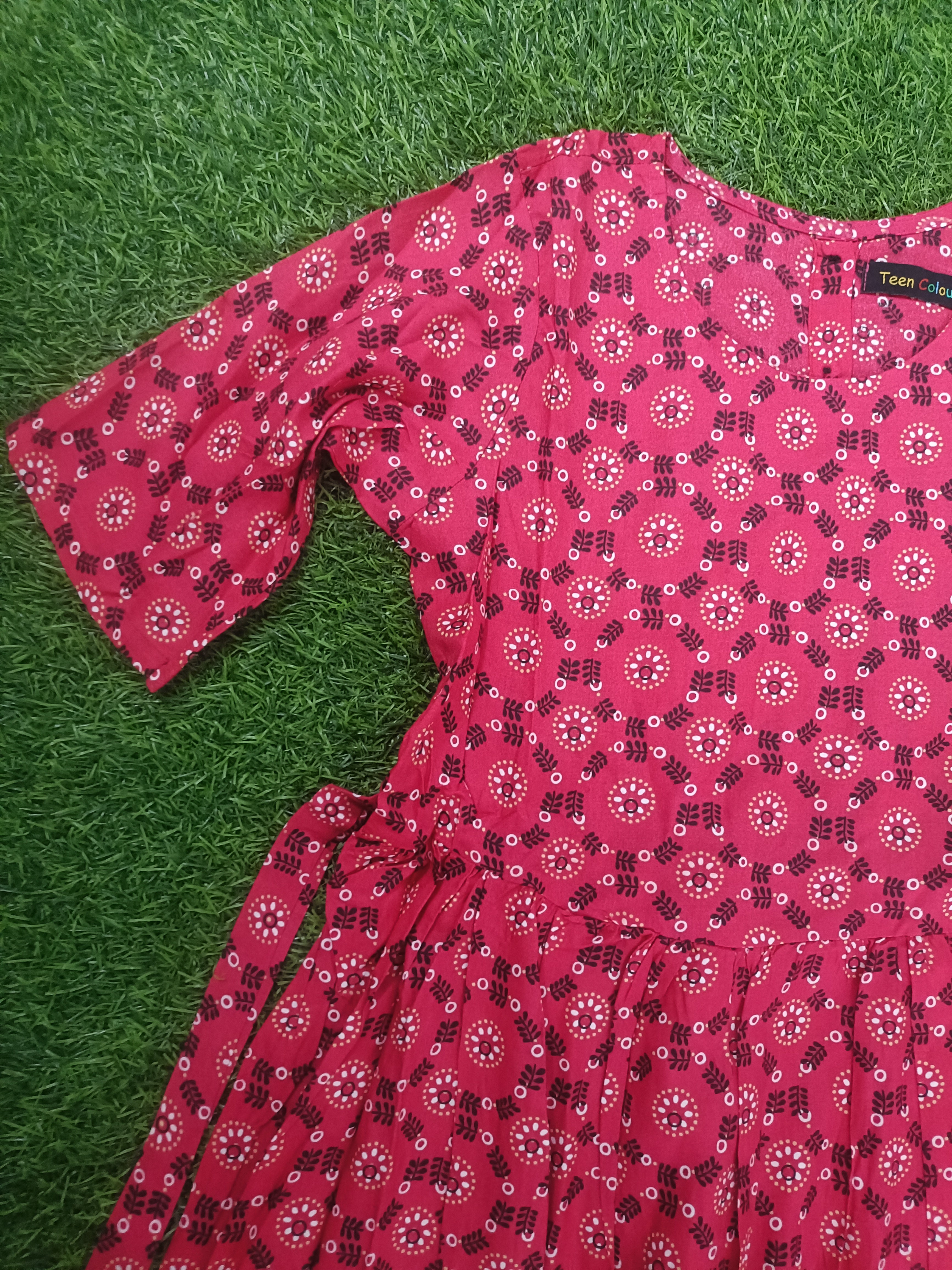 Teen Colours Red Geometric Floral Print ReyonDress