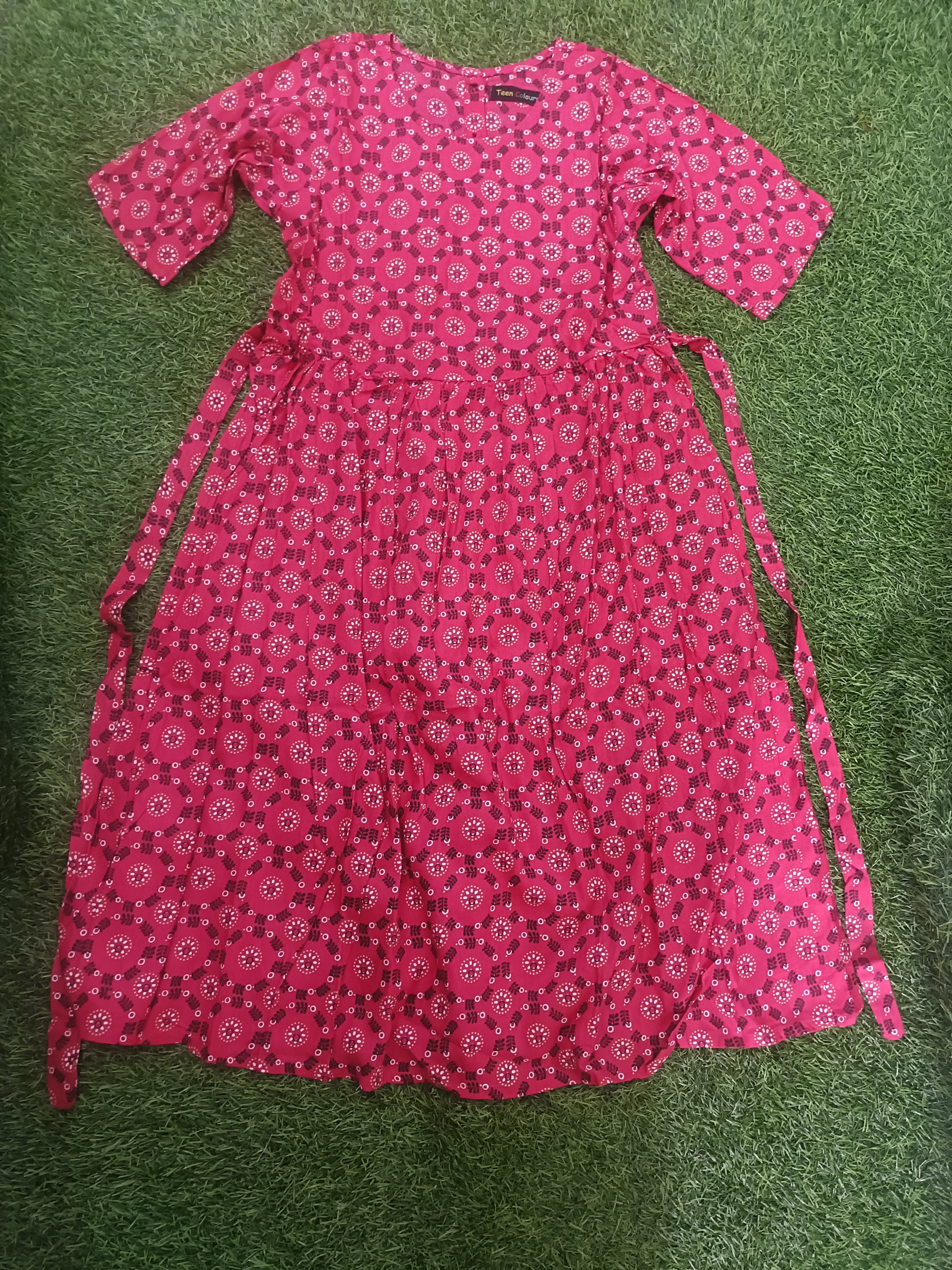 Teen Colours Red Geometric Floral Print ReyonDress