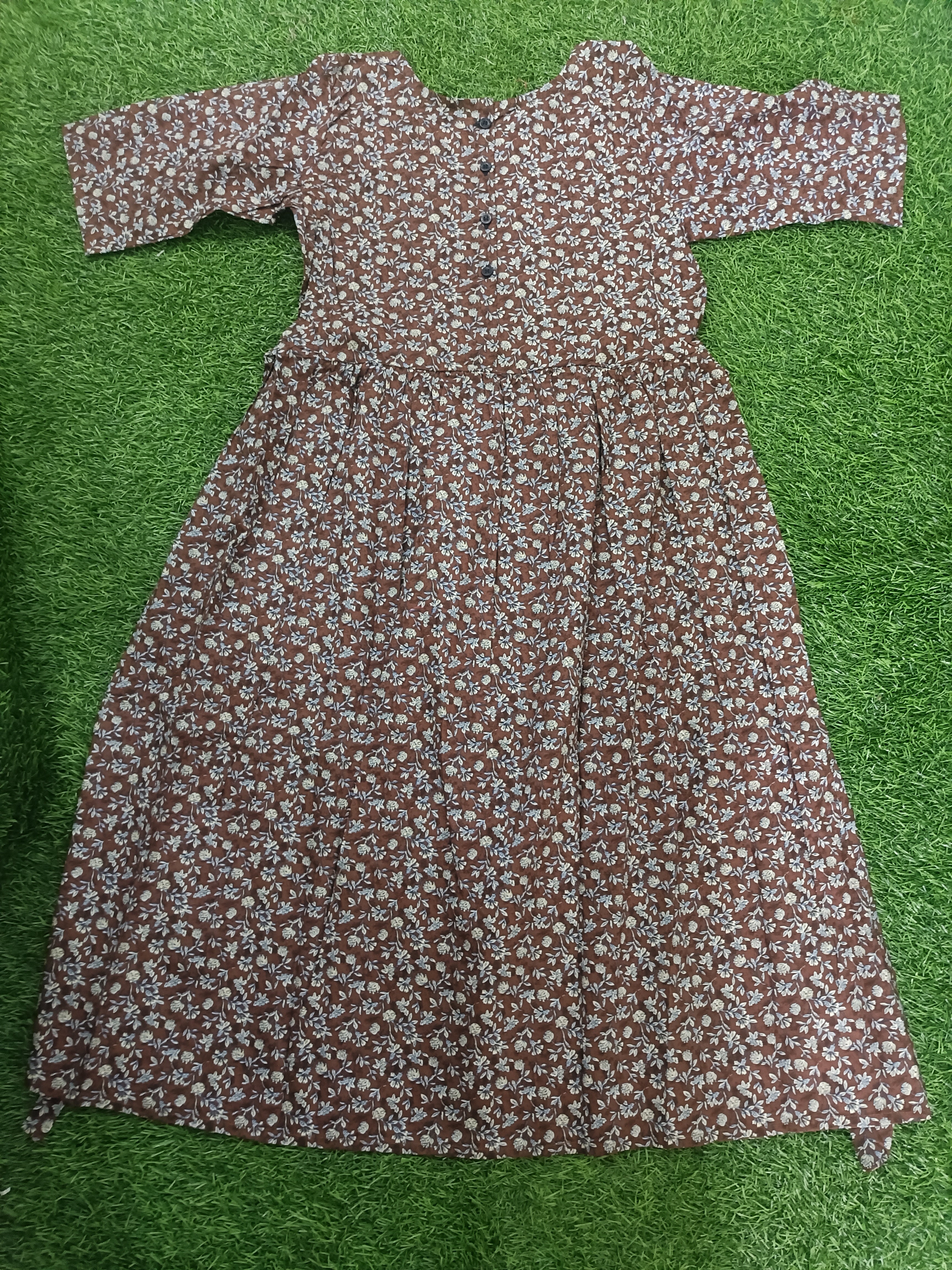 Premium Earthy Brown Ditsy Floral Kids Frock by Teen Colours