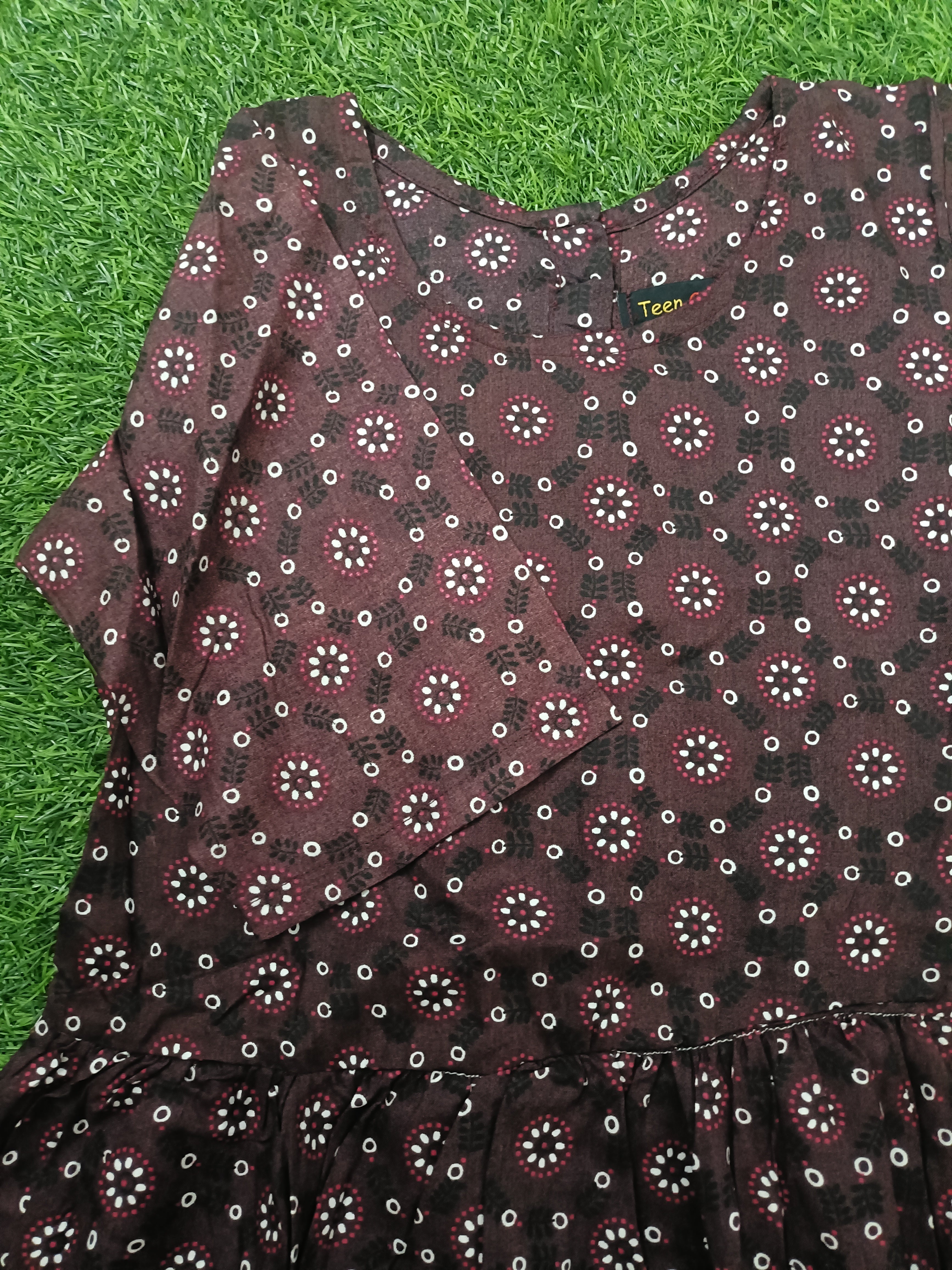 Teen Colours Dark Brown Geometric Print Reyon Dress