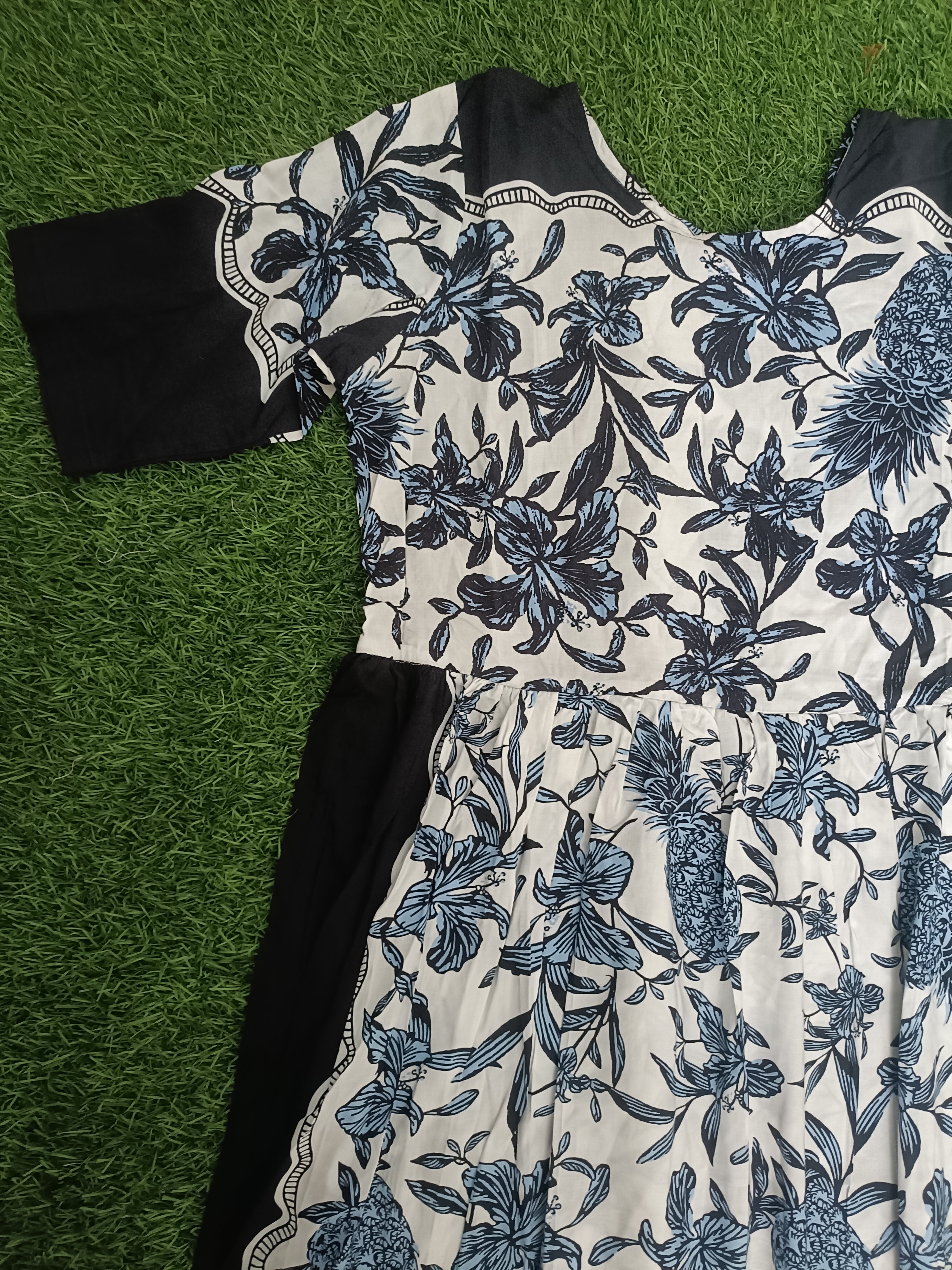 Teen Colours Navy & White Floral Border Print Premium Reyon Dress