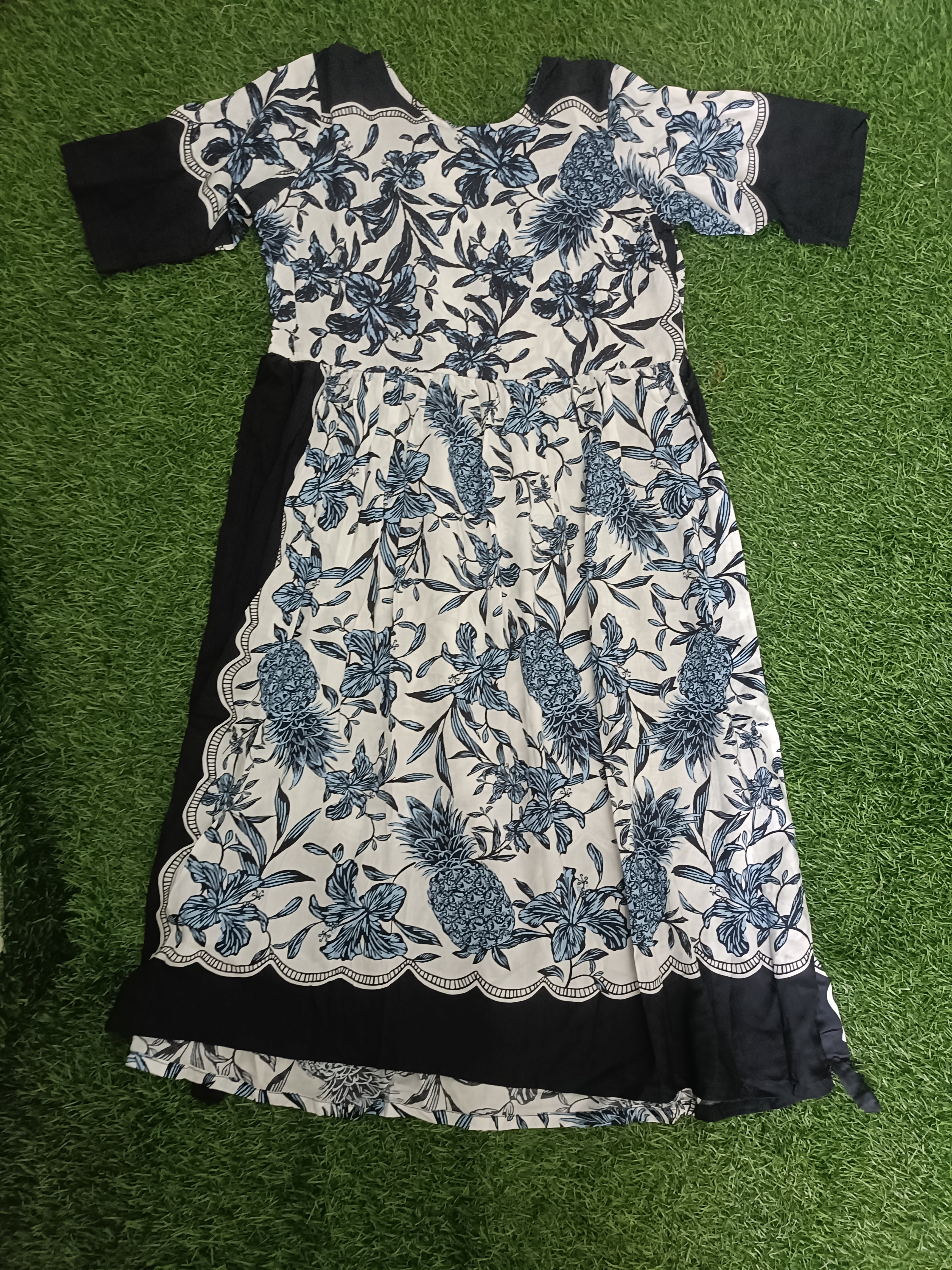 Teen Colours Navy & White Floral Border Print Premium Reyon Dress