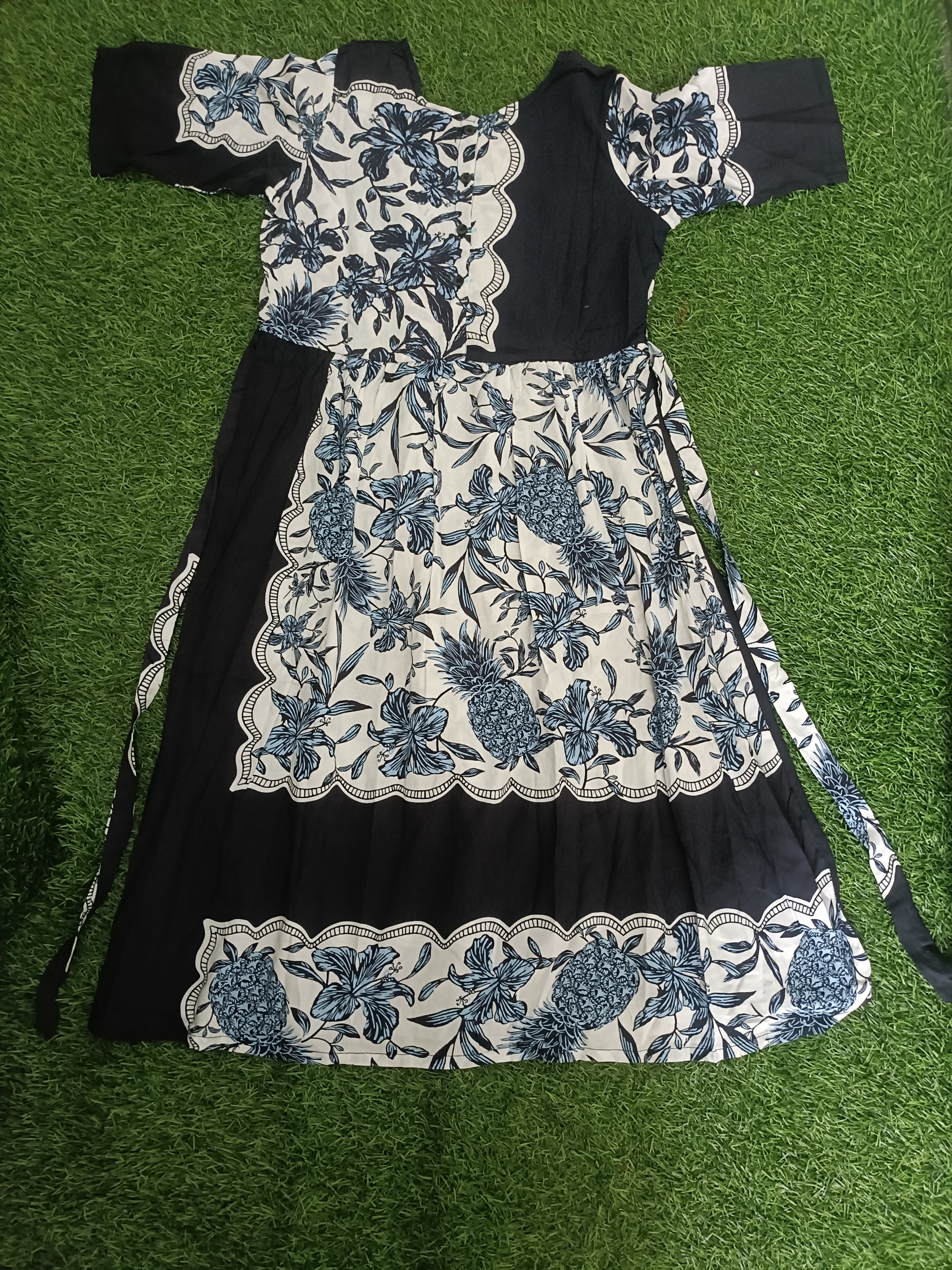 Teen Colours Navy & White Floral Border Print Premium Reyon Dress