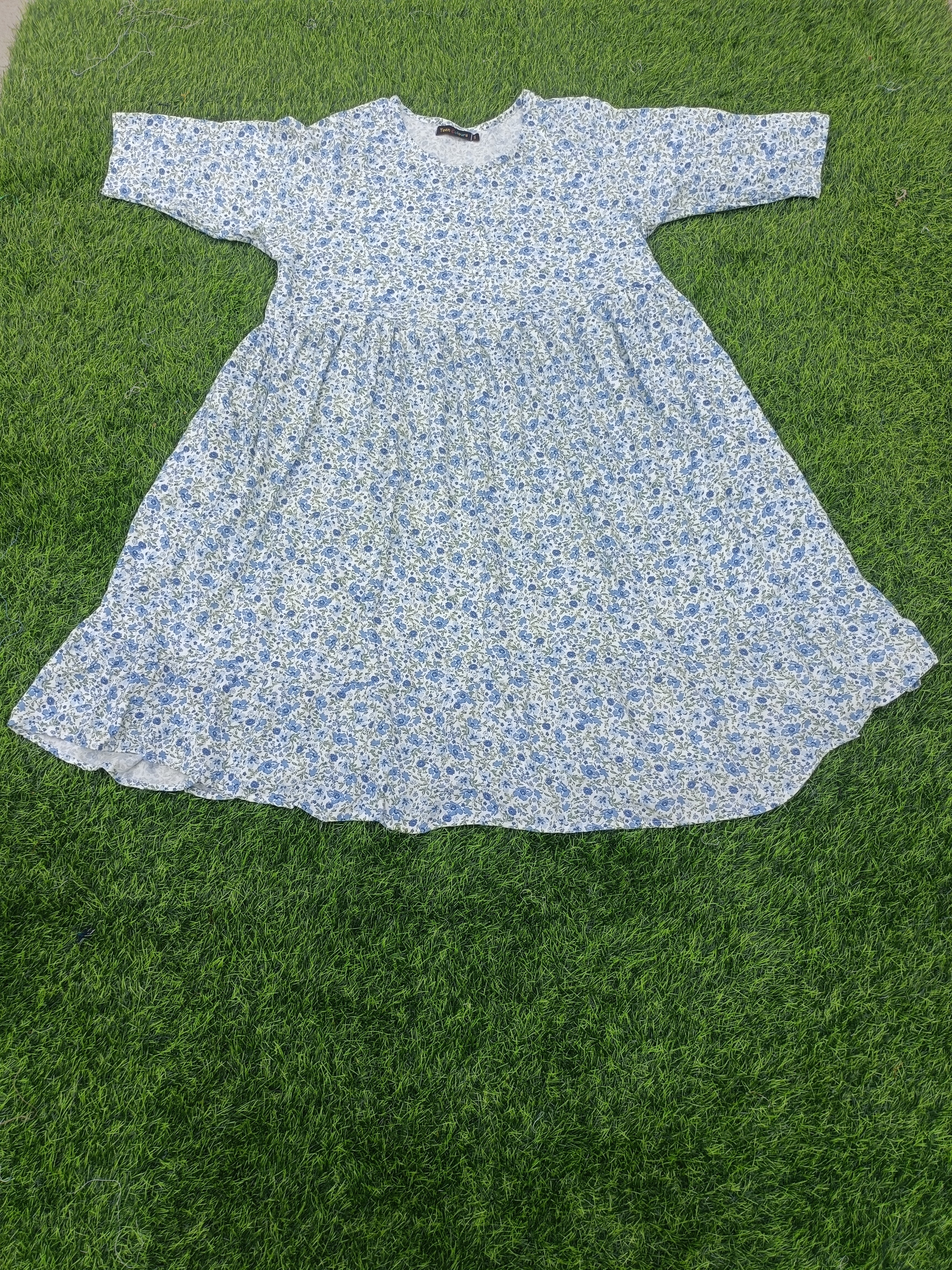 Women's Off-White with Light Blue & Green Floral Print Flared Umbrella model kurti with Elbow Sleeves