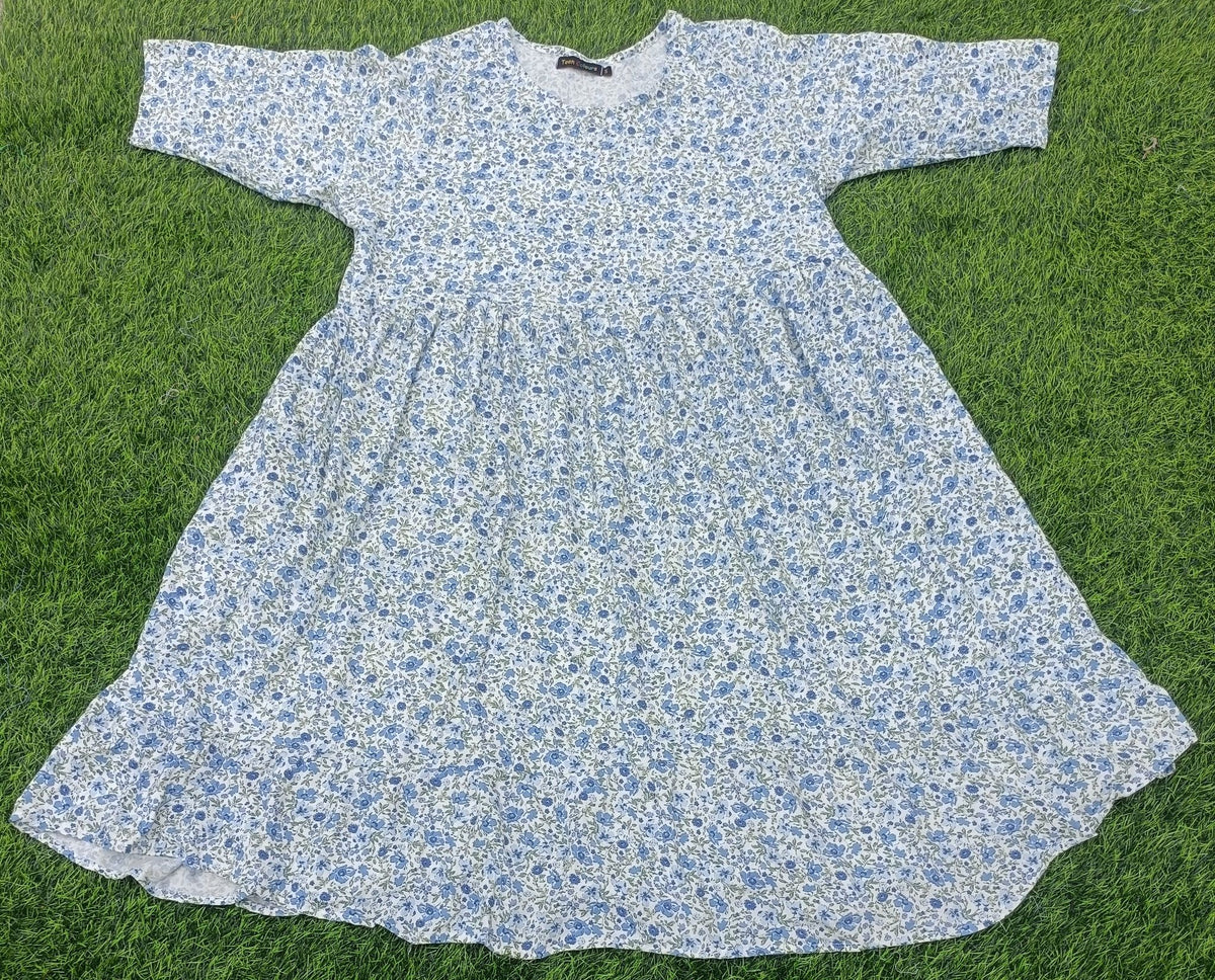 Women's Off-White with Light Blue & Green Floral Print Flared Umbrella model kurti with Elbow Sleeves