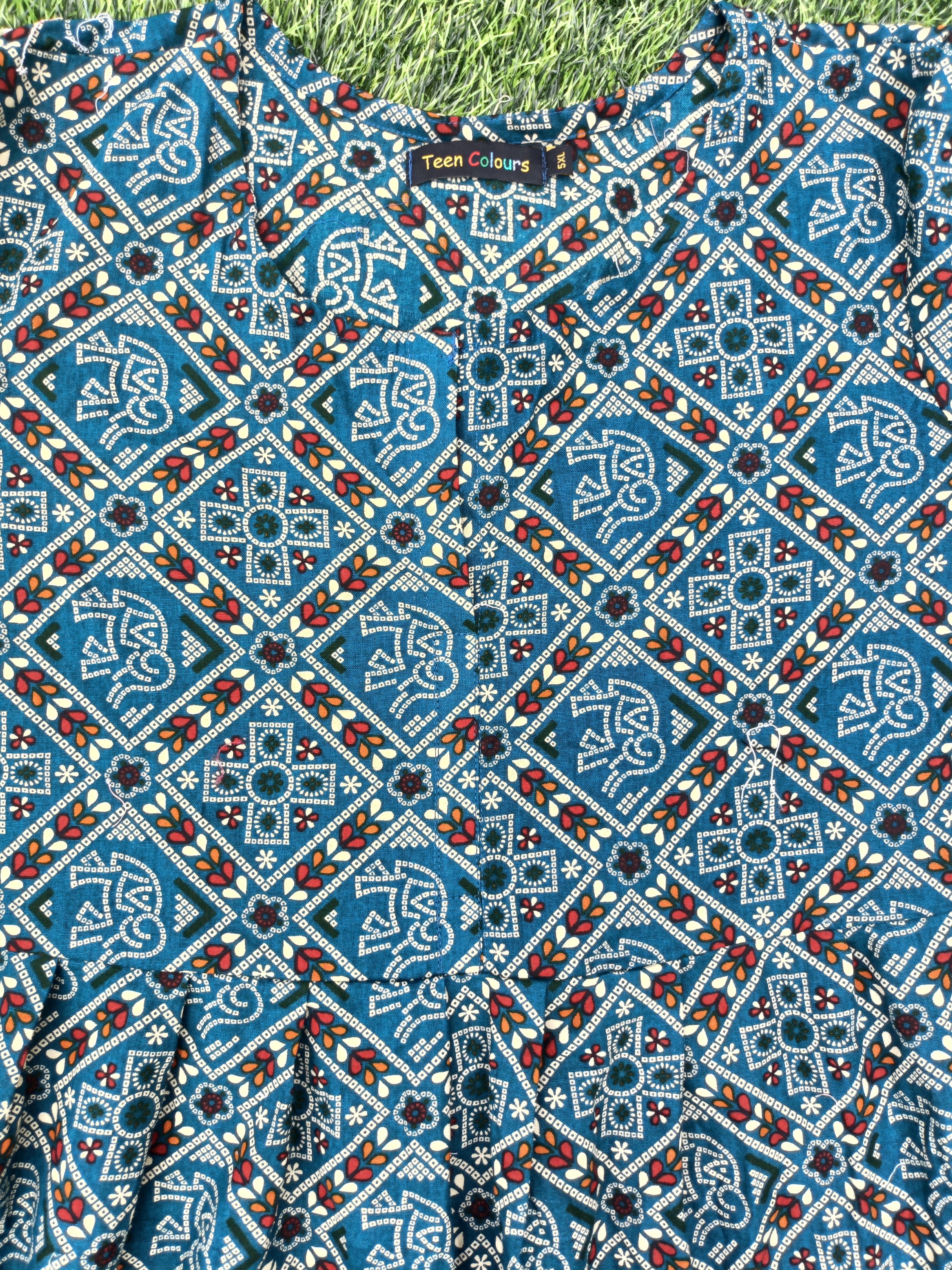 Women's Peacock Blue Printed Flared Umbrella model kurti with Elbow Sleeves